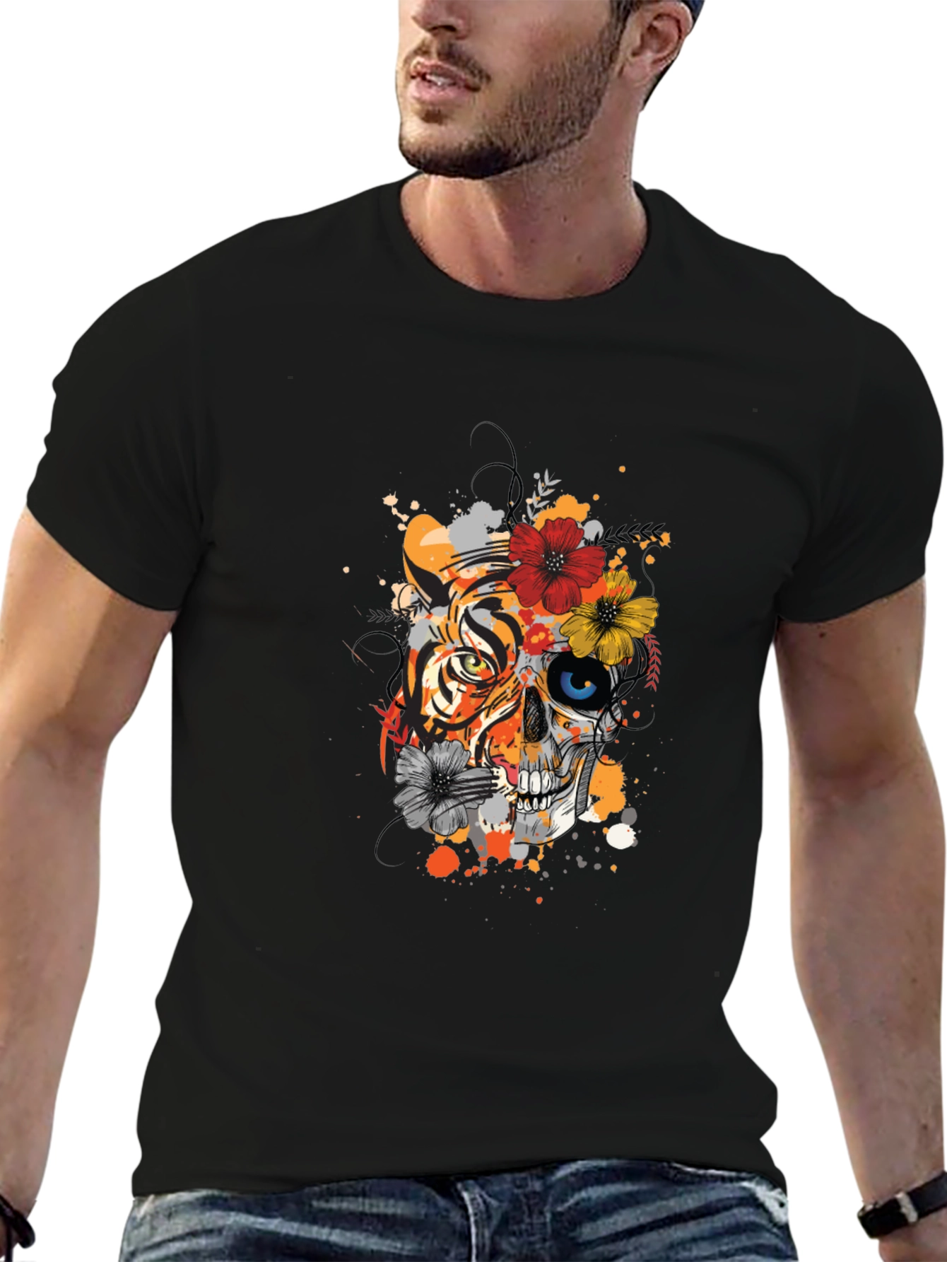 Tiger Skull Floral Graphic Print Tee