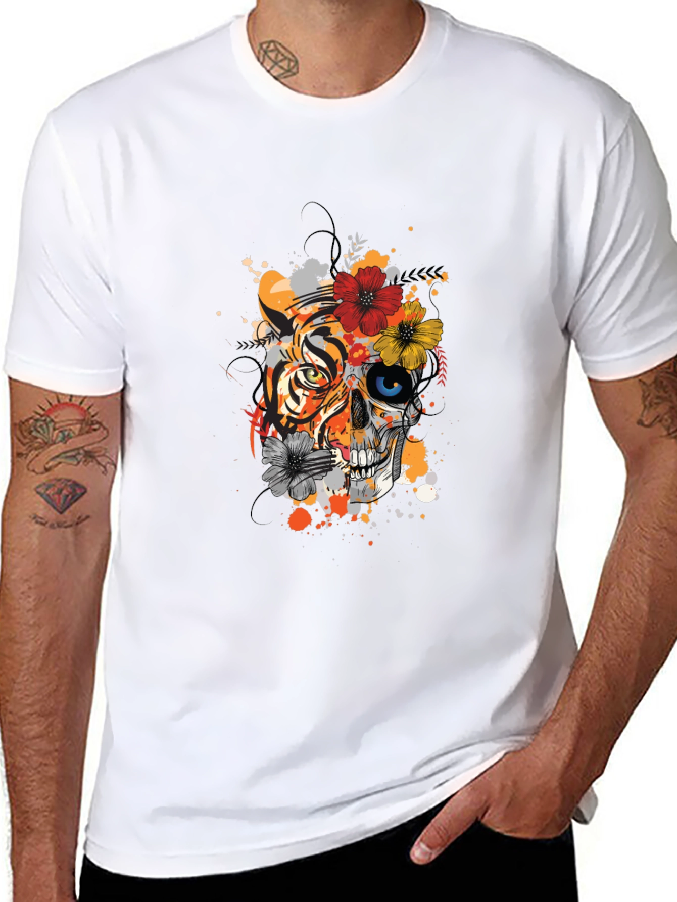 Tiger Skull Floral Graphic Print Tee