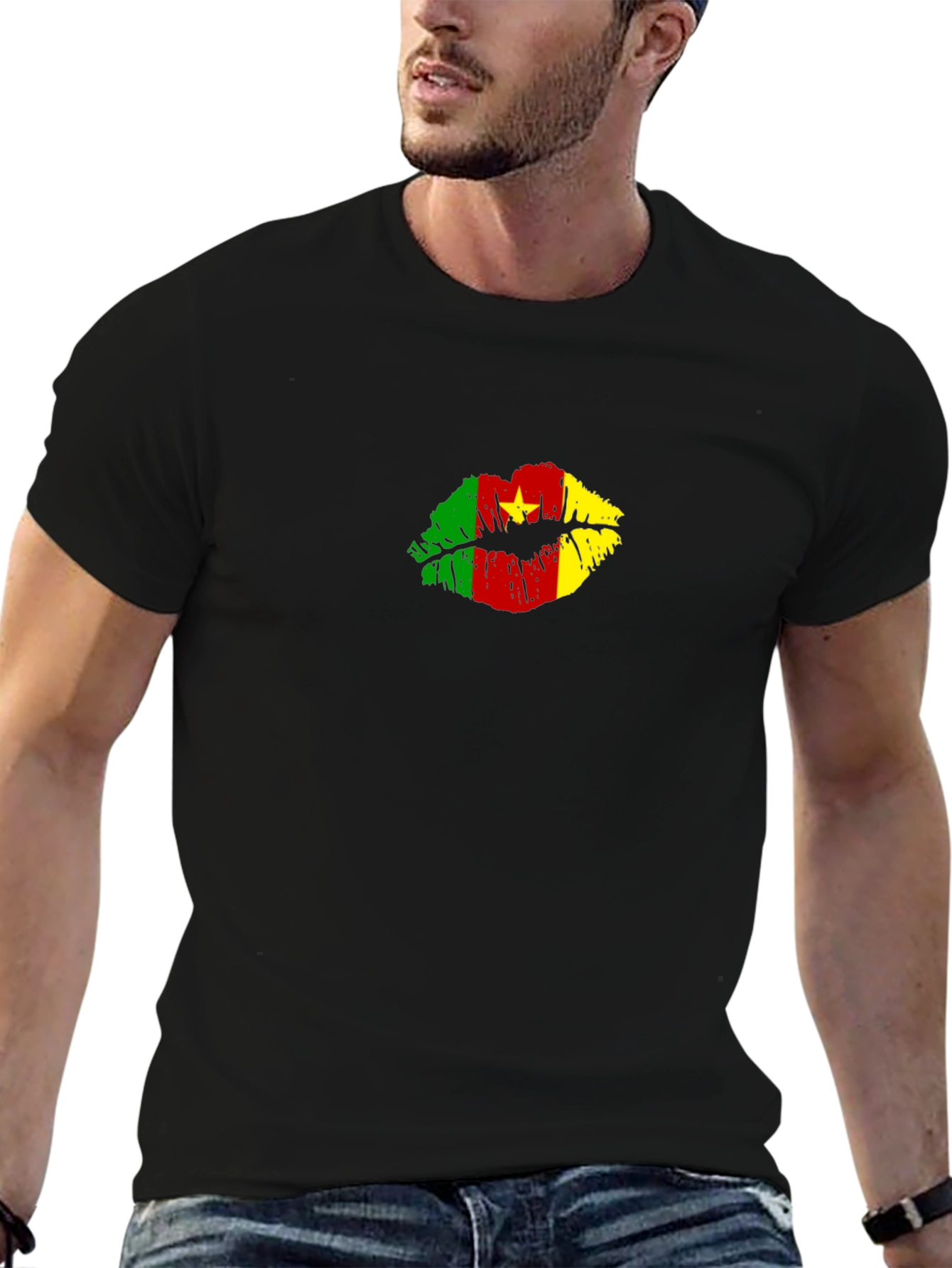 Cameroon Flag Lips Graphic Tee - Black T-Shirt