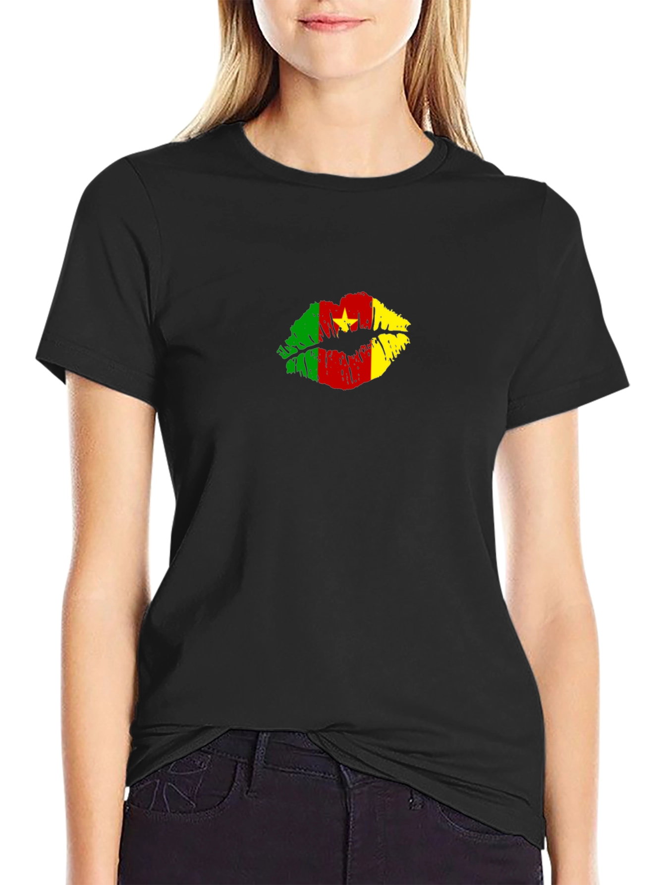 Cameroon Flag Lips Graphic Tee - Black T-Shirt