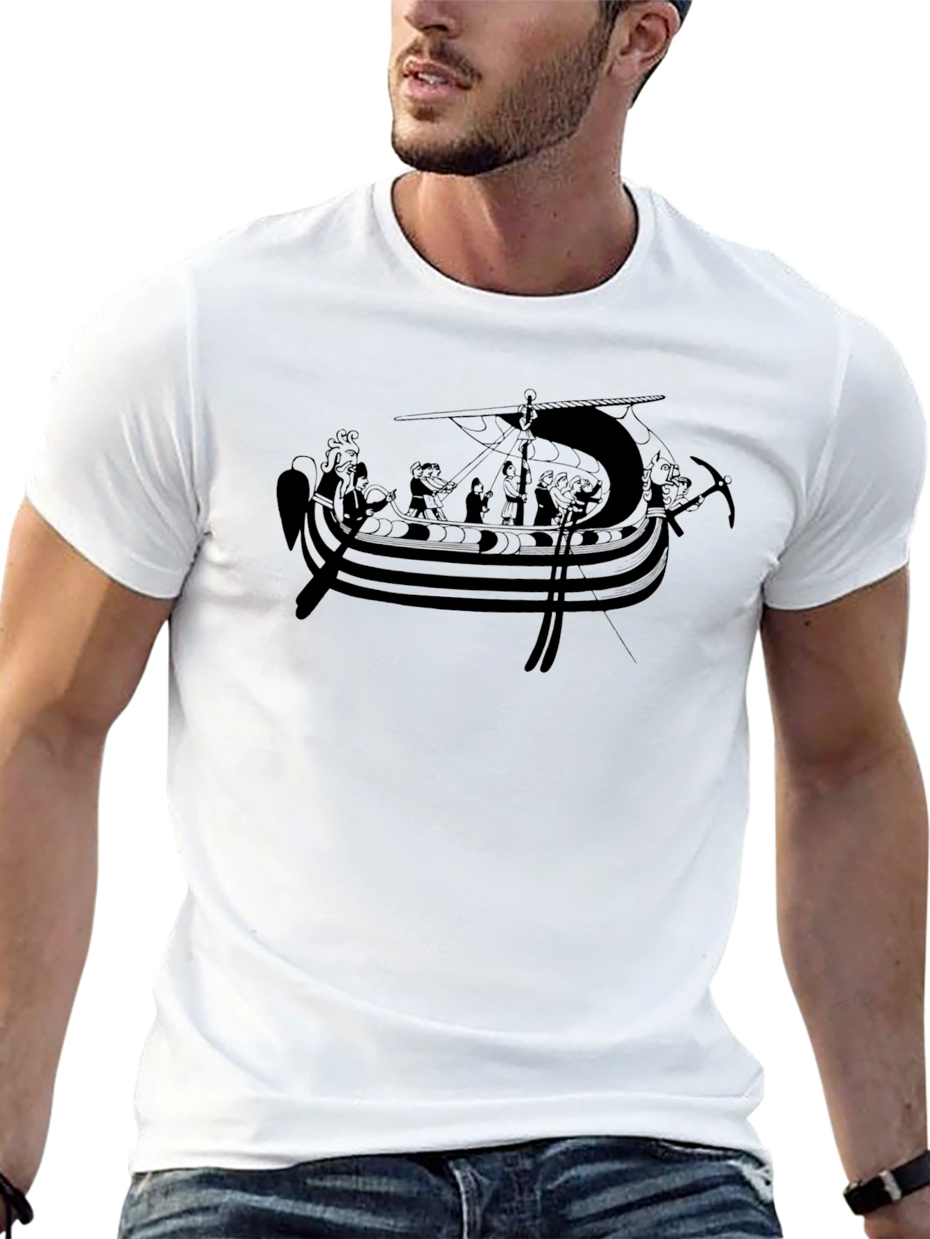 Viking Ship Graphic Tee - Black Cotton Blend