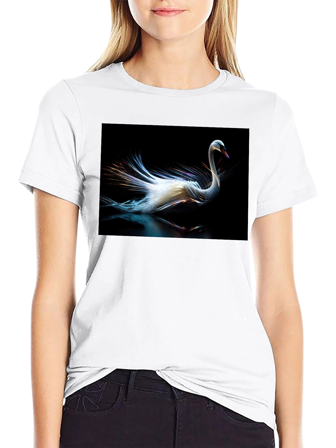 Swan Graphic Tee - Black Cotton Casual Style