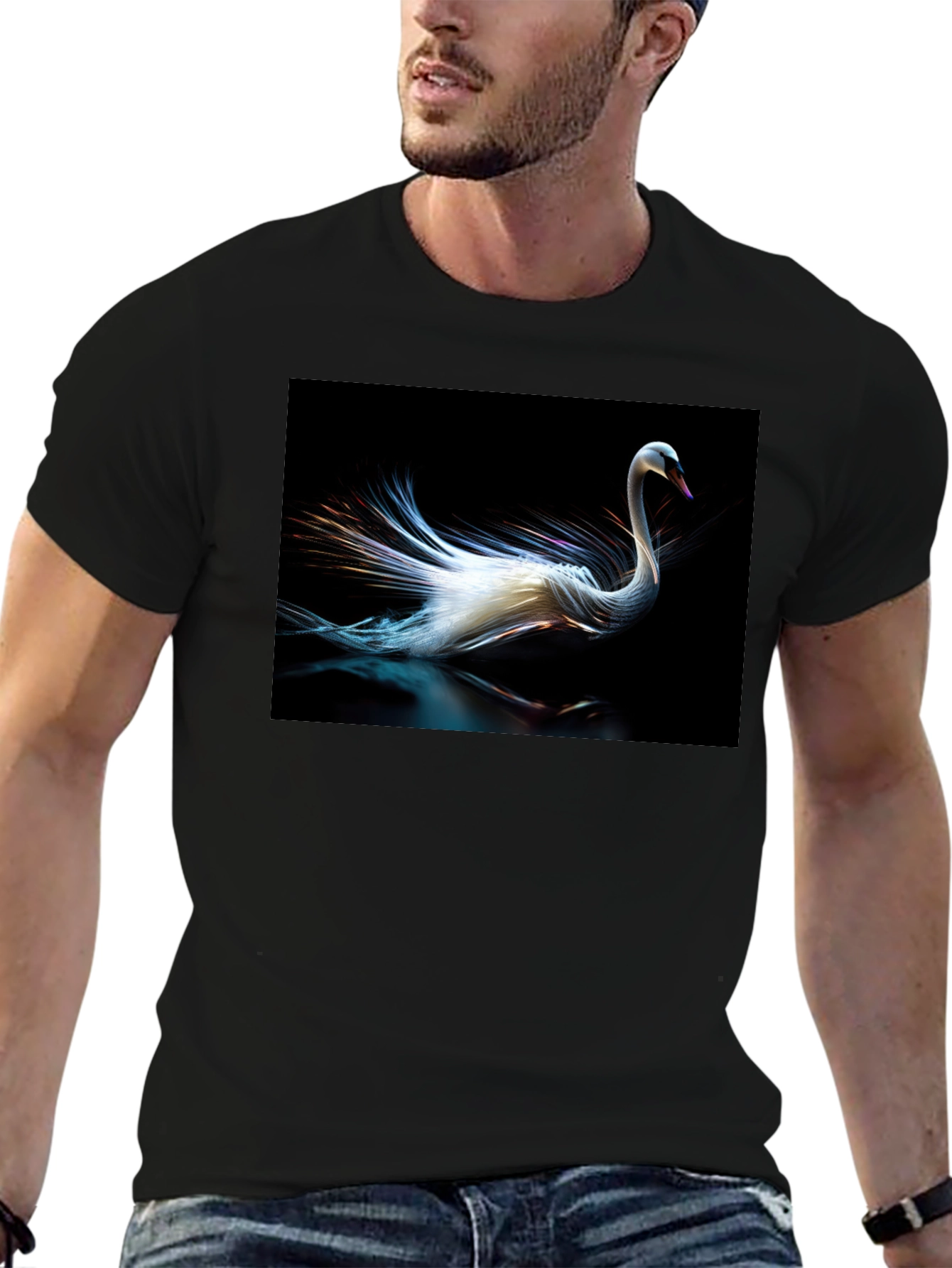 Swan Graphic Tee - Black Cotton Casual Style