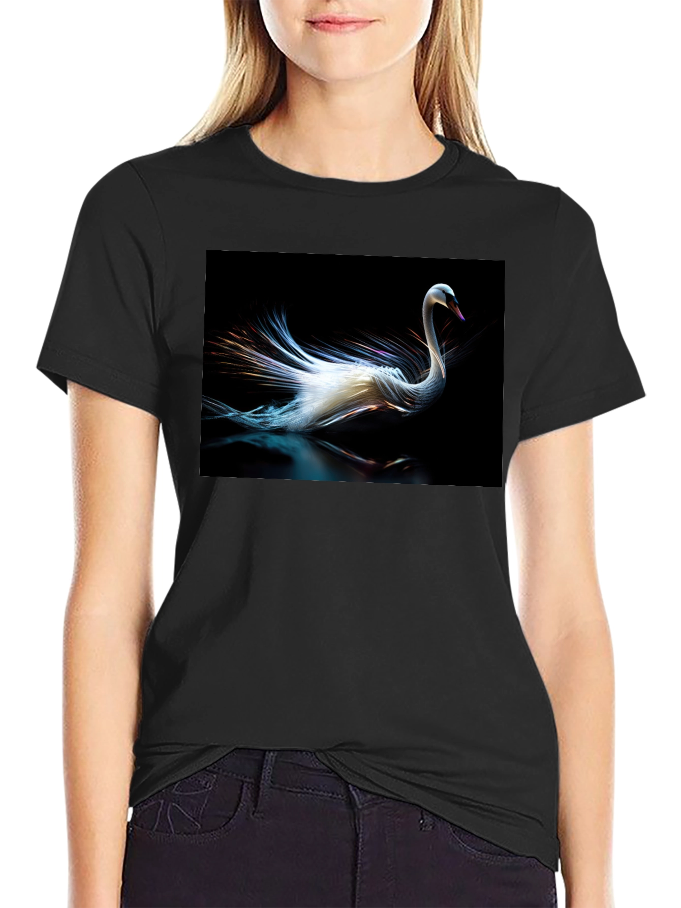Swan Graphic Tee - Black Cotton Casual Style