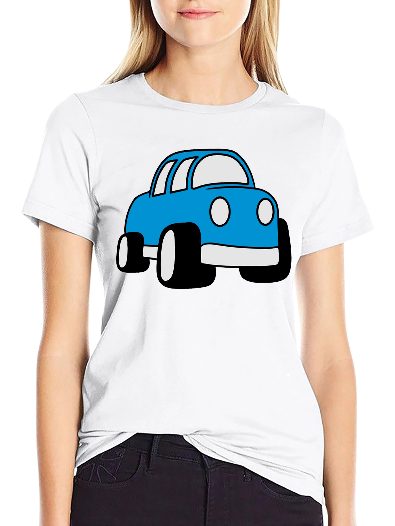 Blue Cartoon Car Graphic Black T-Shirt
