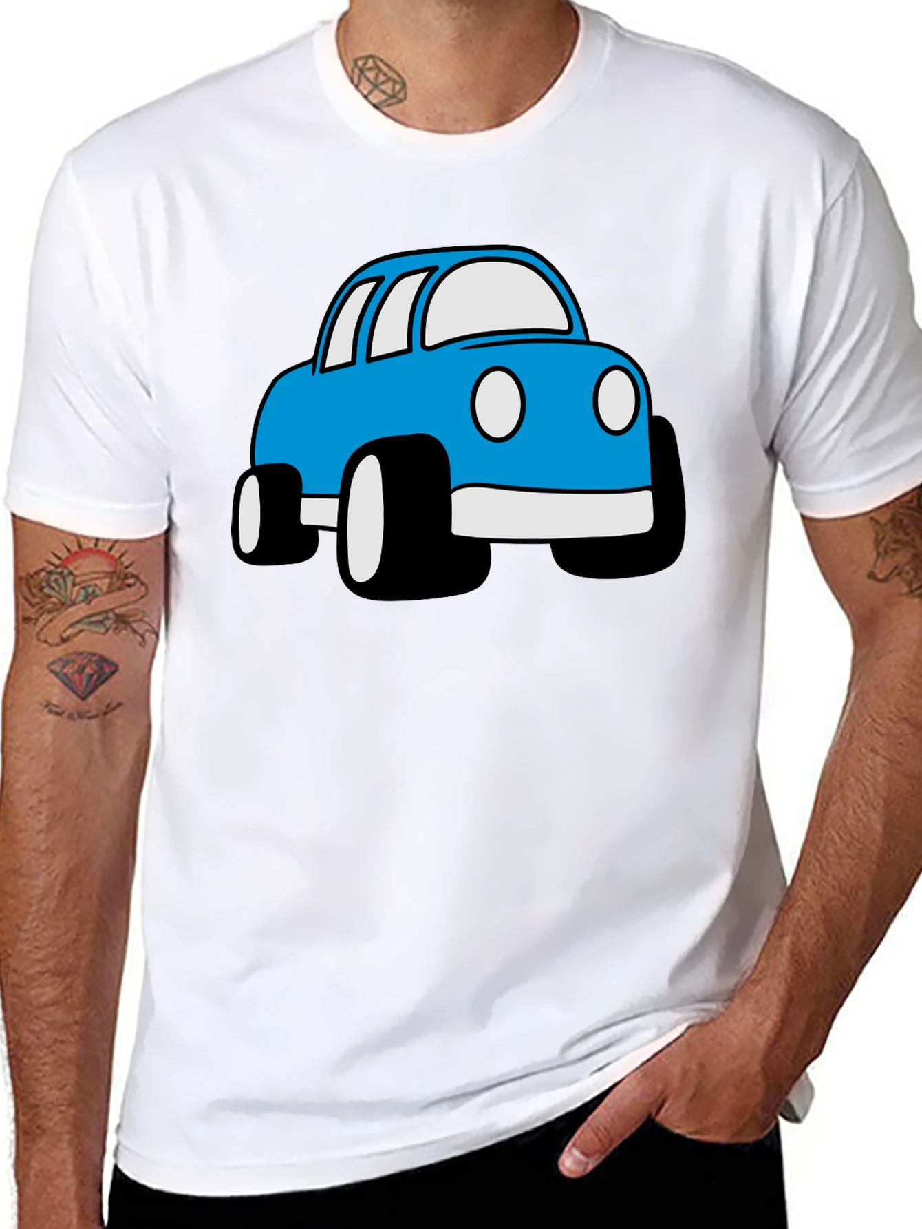 Blue Cartoon Car Graphic Black T-Shirt