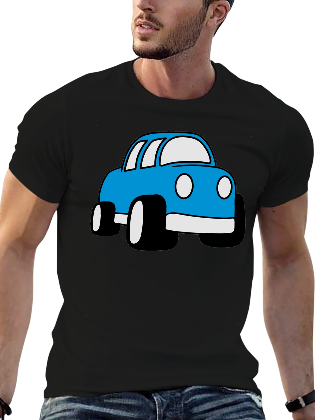 Blue Cartoon Car Graphic Black T-Shirt