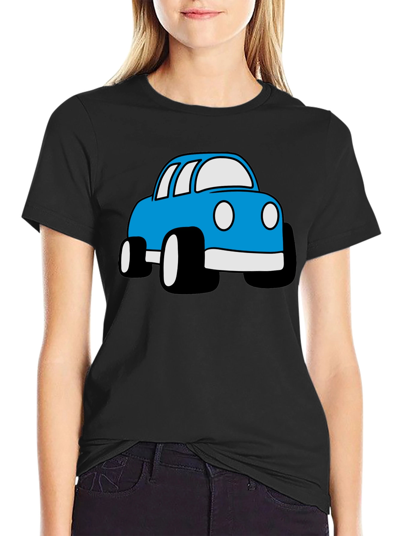 Blue Cartoon Car Graphic Black T-Shirt