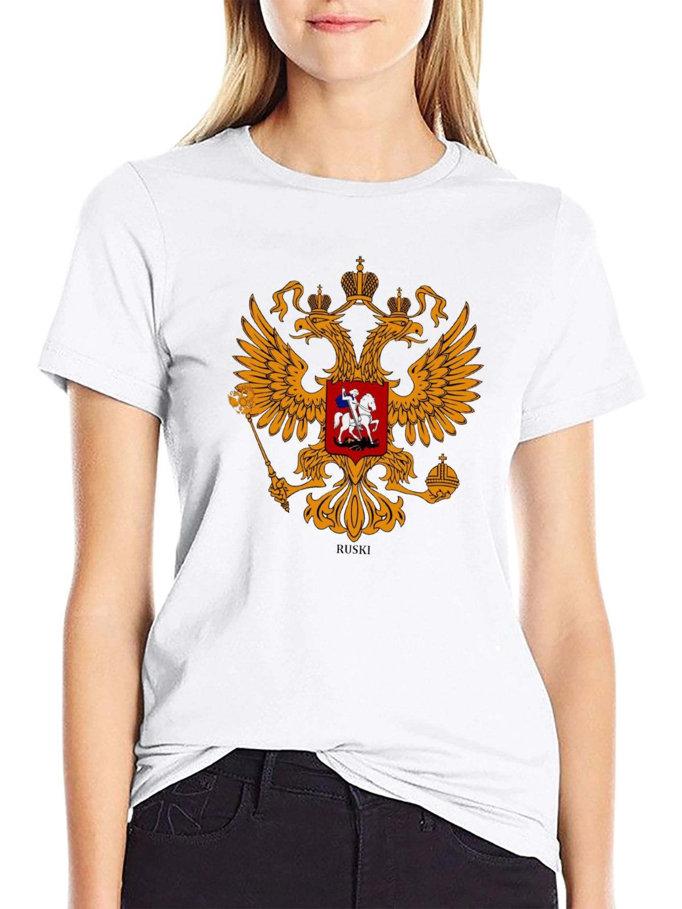 Black Tee with Russian Coat of Arms Graphic
