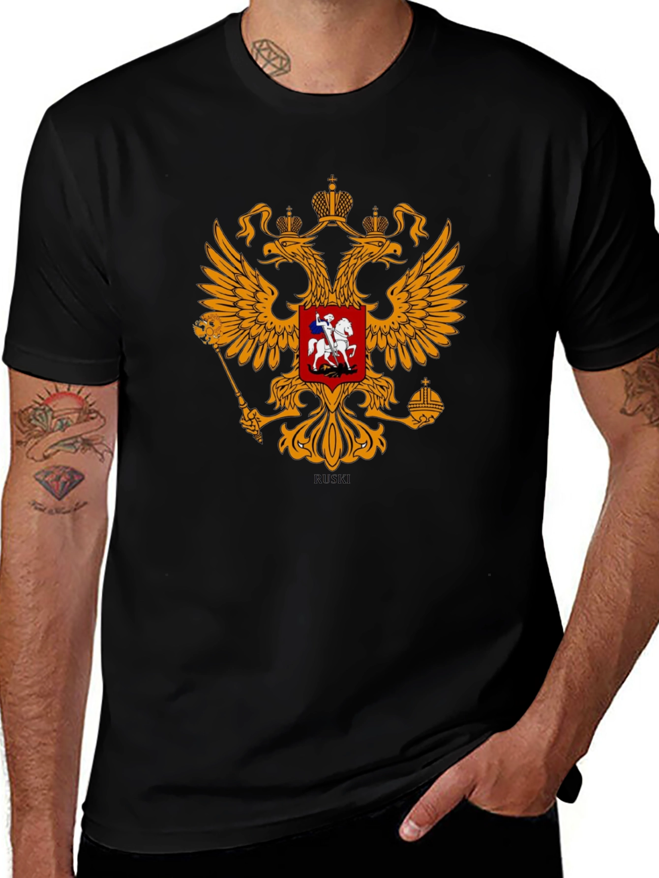 Black Tee with Russian Coat of Arms Graphic
