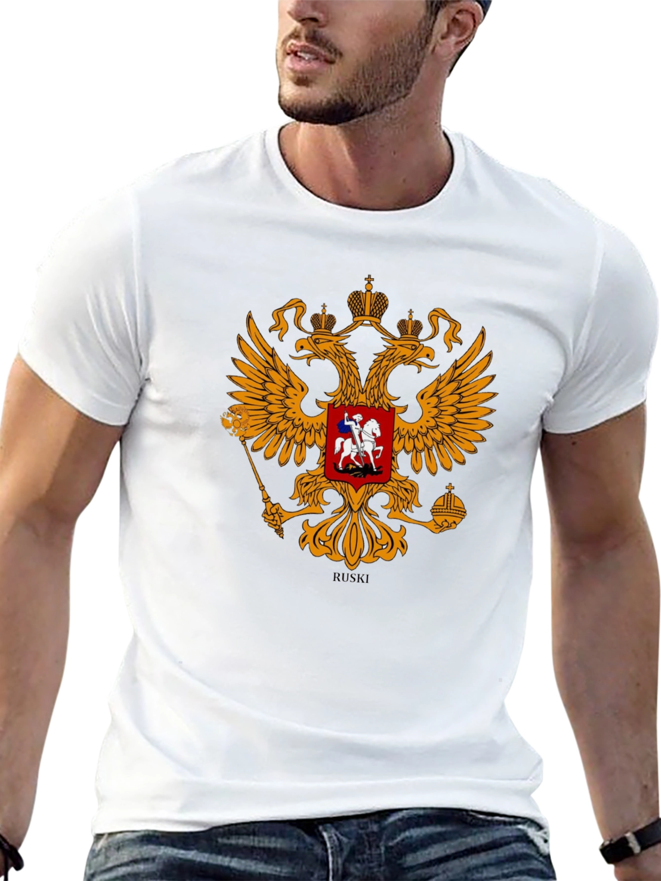 Black Tee with Russian Coat of Arms Graphic