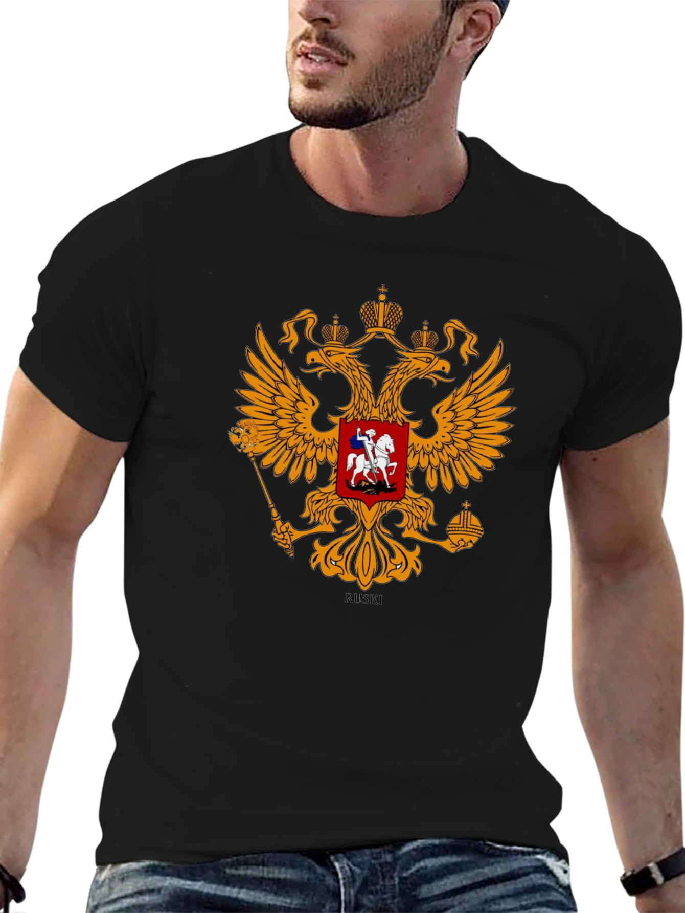 Black Tee with Russian Coat of Arms Graphic