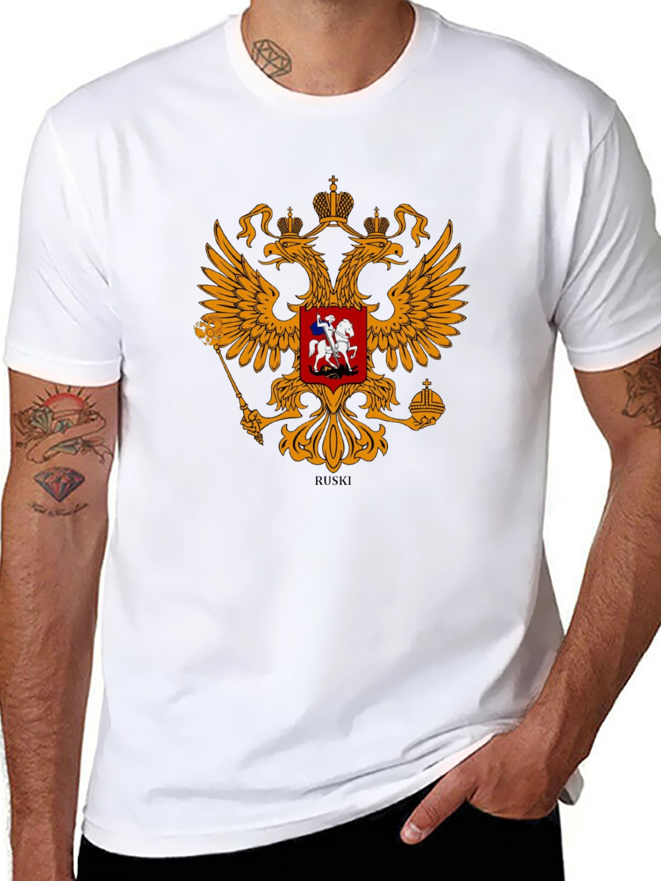 Black Tee with Russian Coat of Arms Graphic