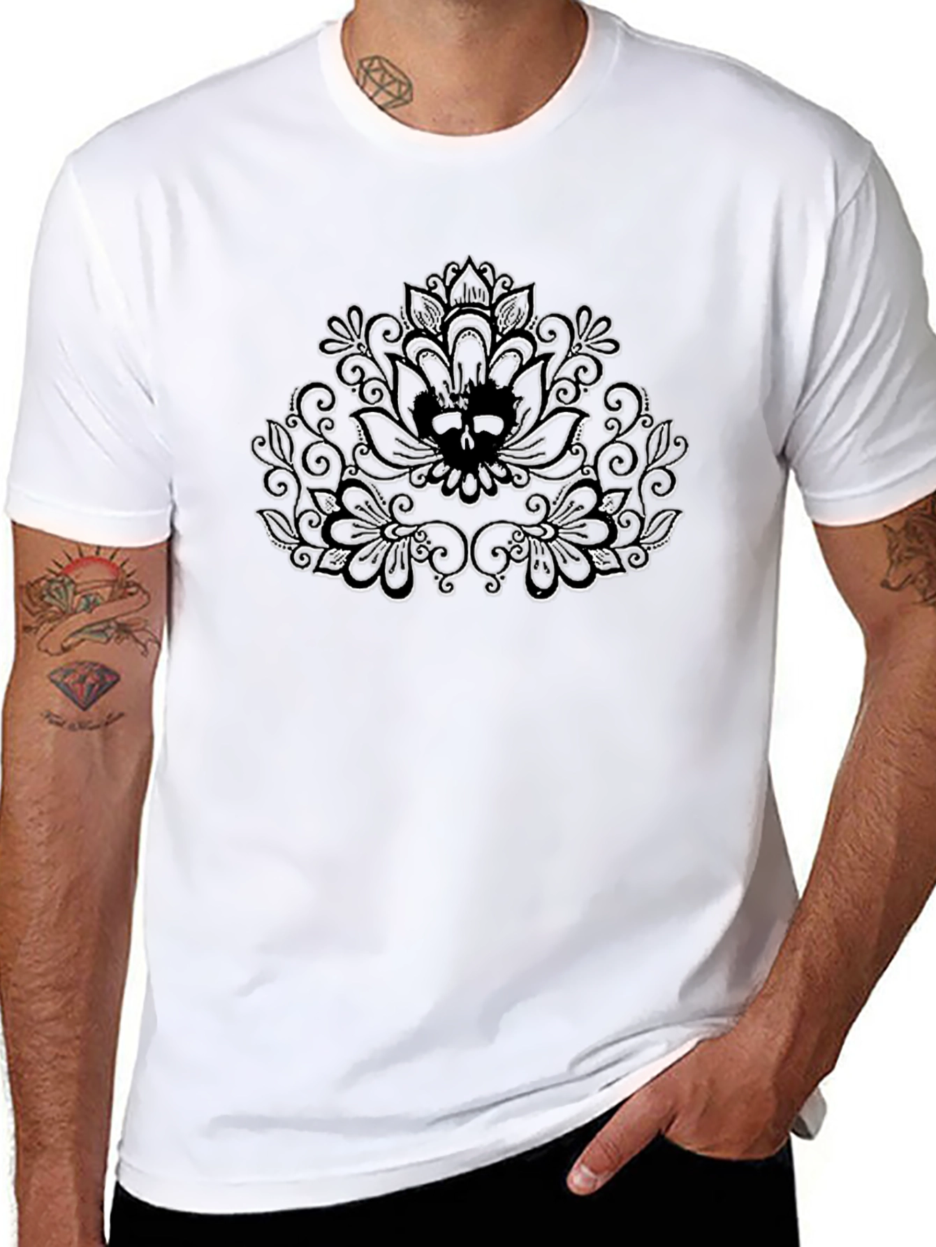 Mens Black T-Shirt with Floral Design