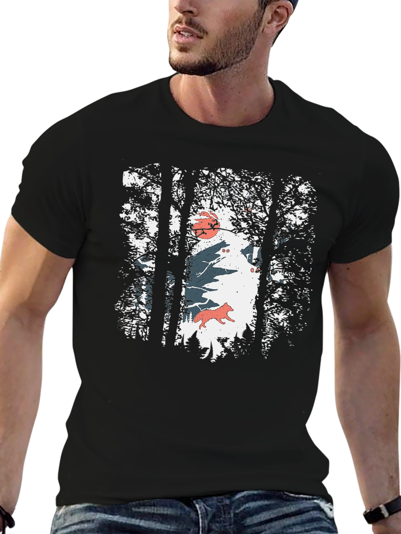 Nature Wolf Graphic Print Black T-Shirt