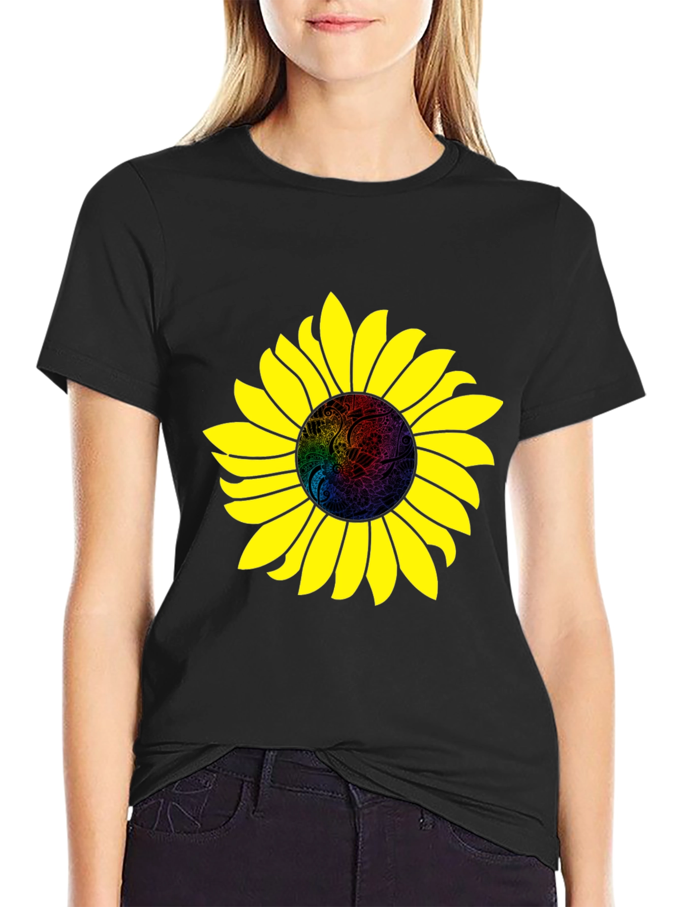 Sunflower Graphic Print Black T-Shirt