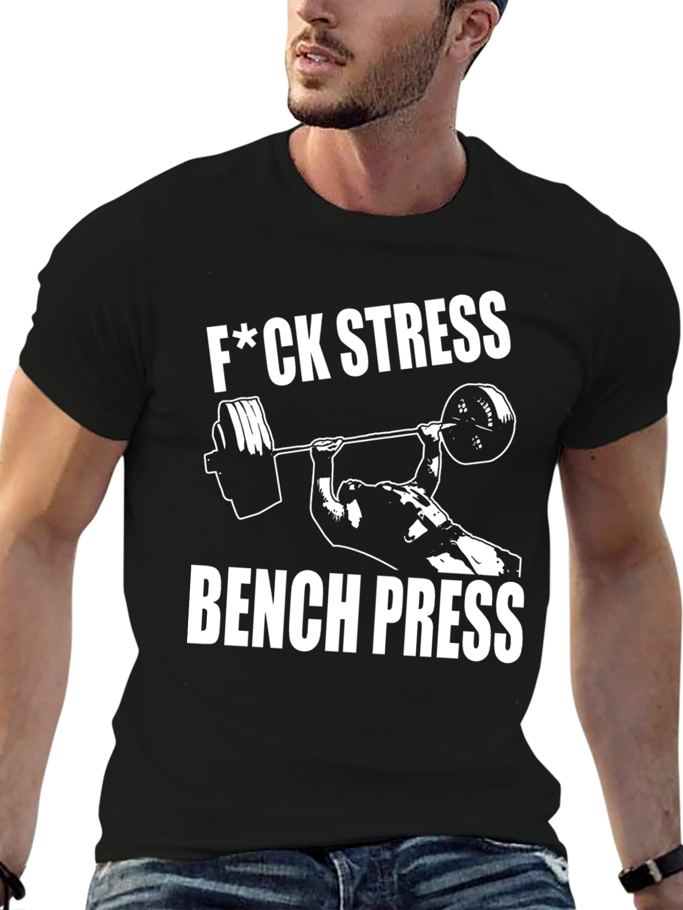 F*ck Stress Bench Press Black T-Shirt Gym Workout