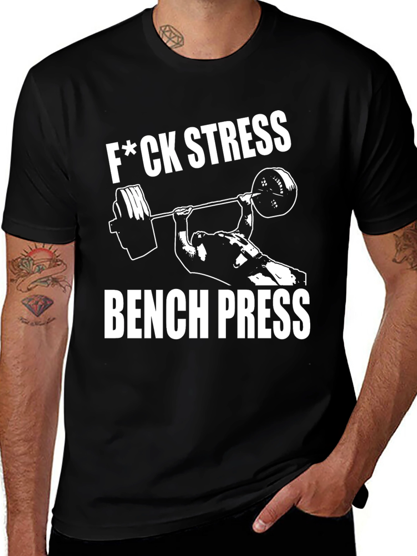 F*ck Stress Bench Press Black T-Shirt Gym Workout