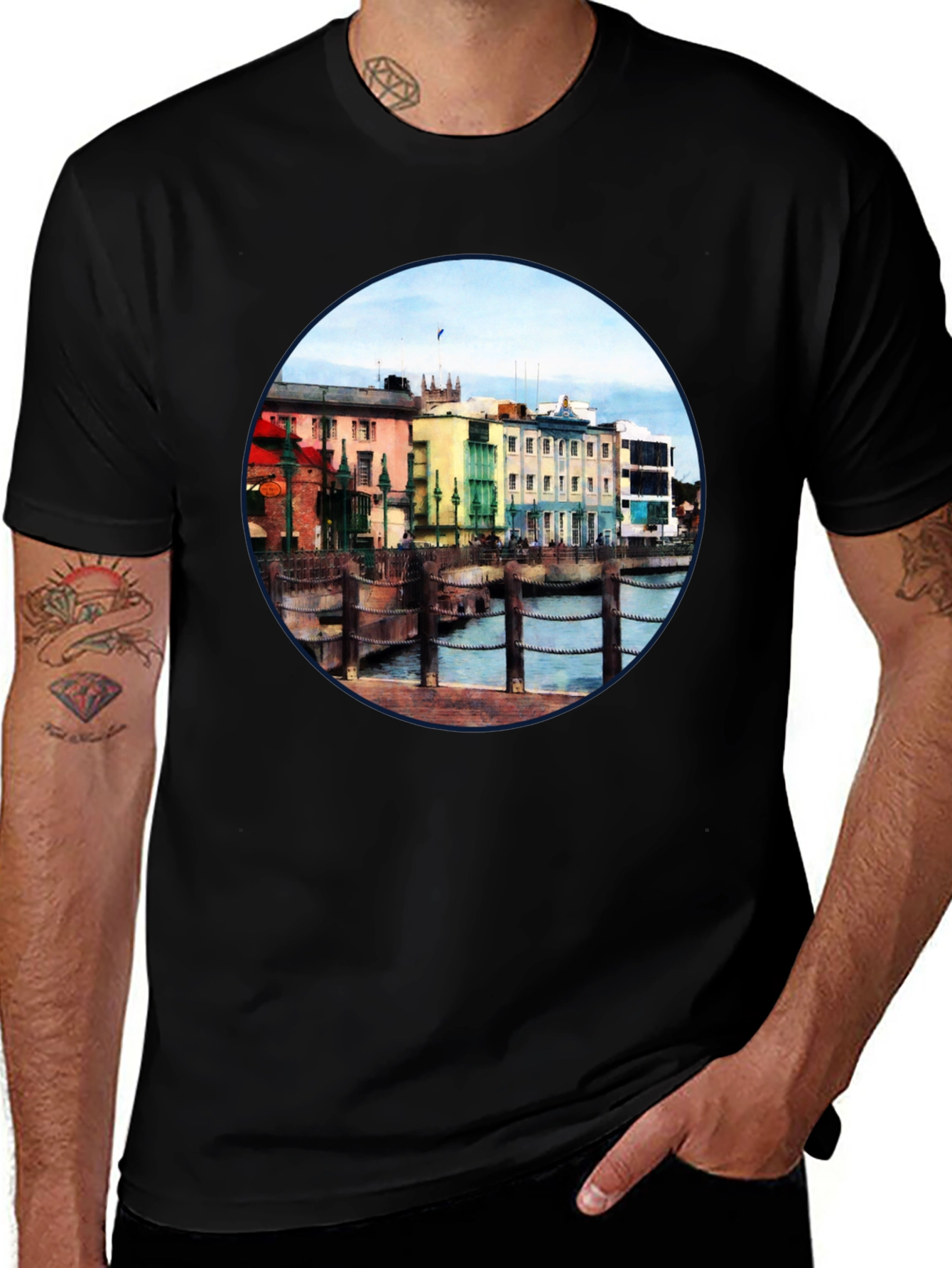 Scenic Waterfront Town Black T-Shirt