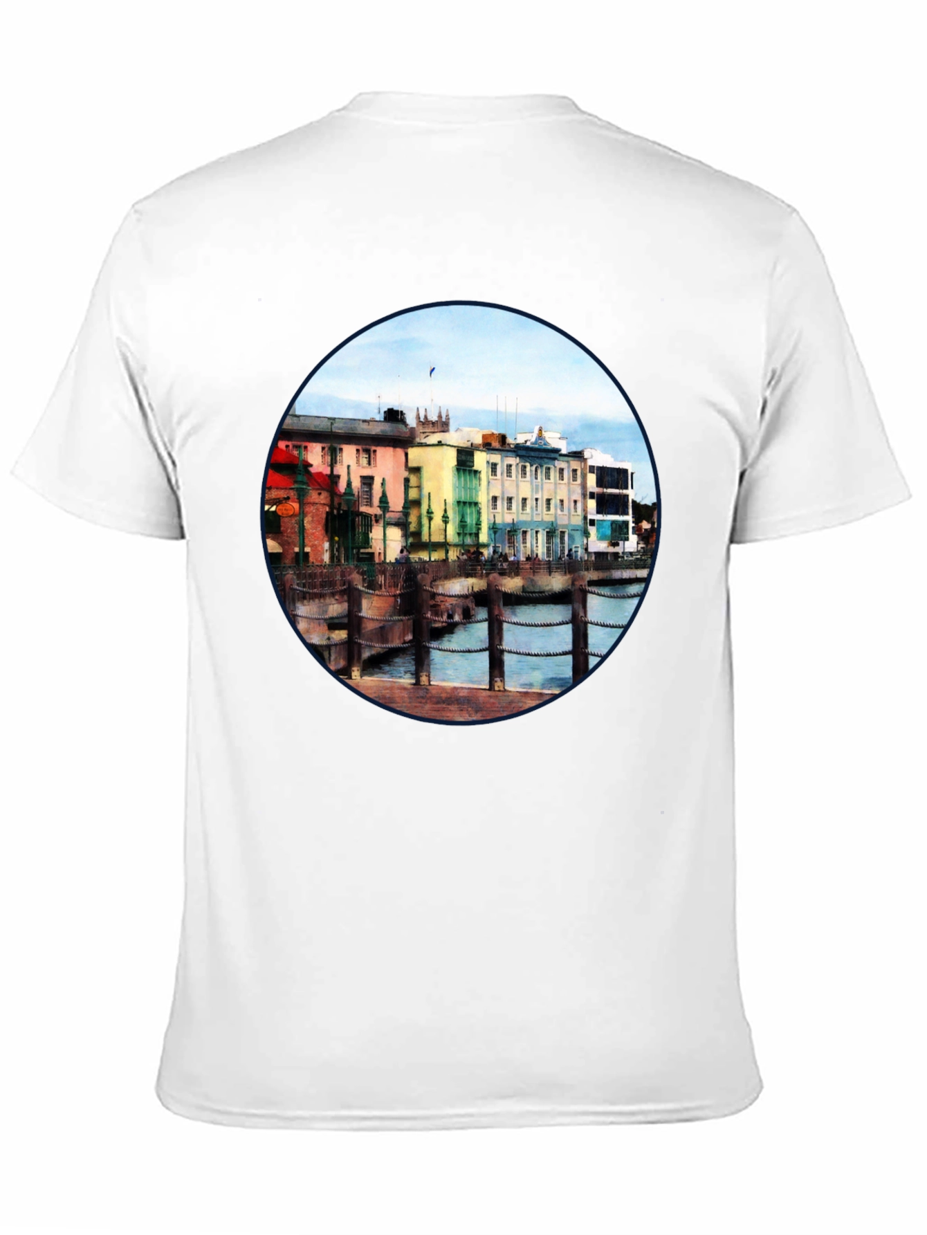 Scenic Waterfront Town Black T-Shirt