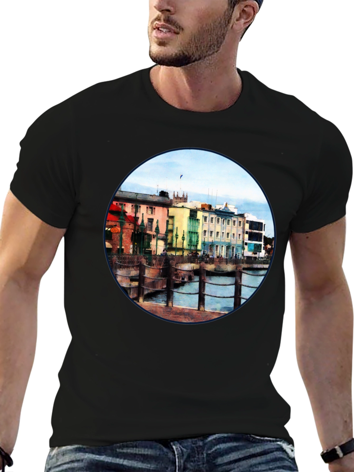Scenic Waterfront Town Black T-Shirt
