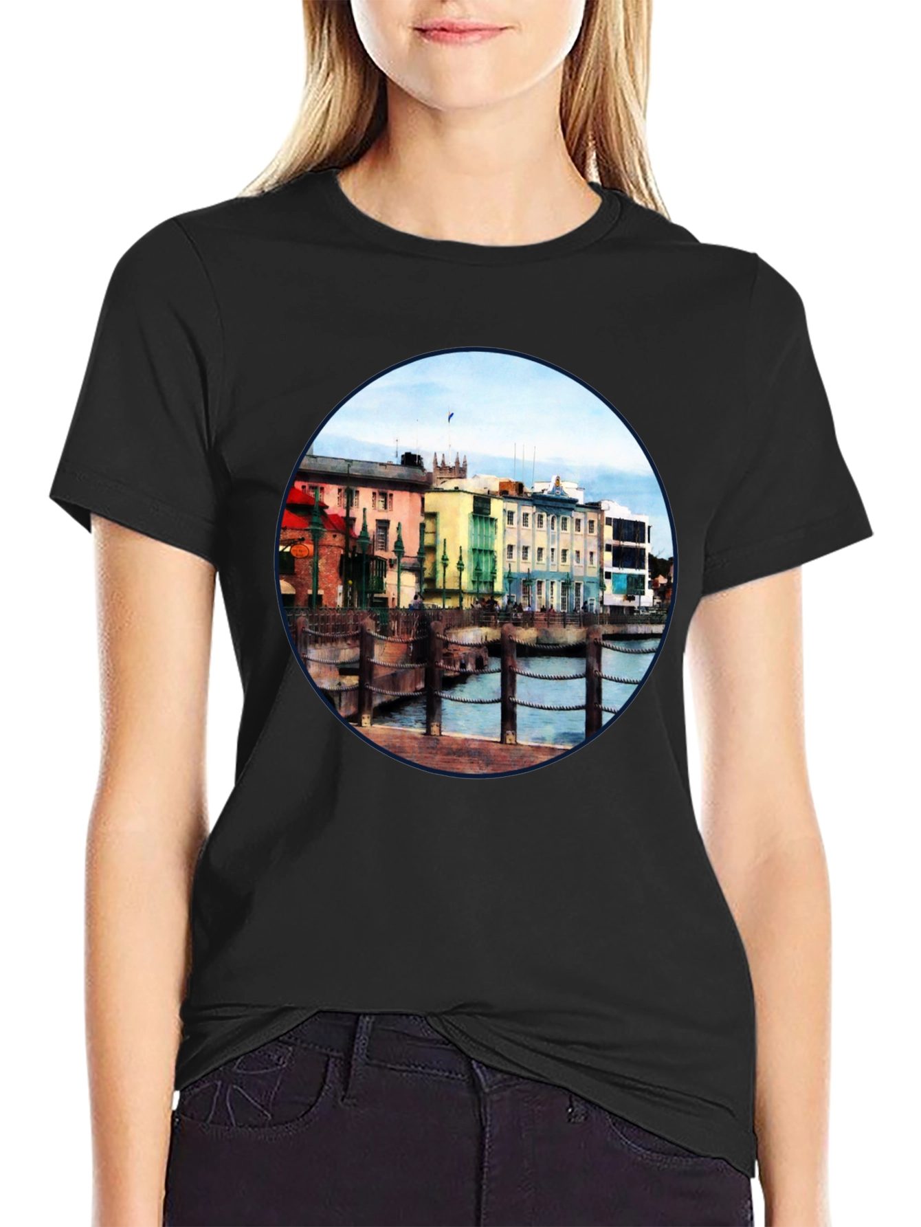 Scenic Waterfront Town Black T-Shirt