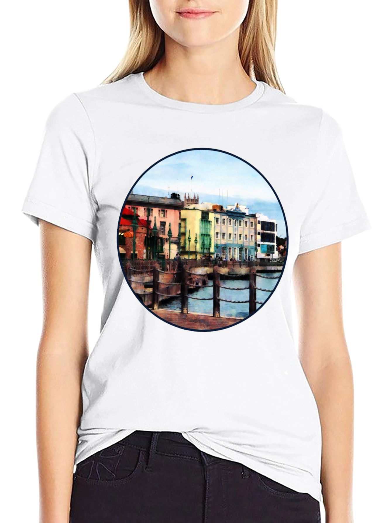 Scenic Waterfront Town Black T-Shirt