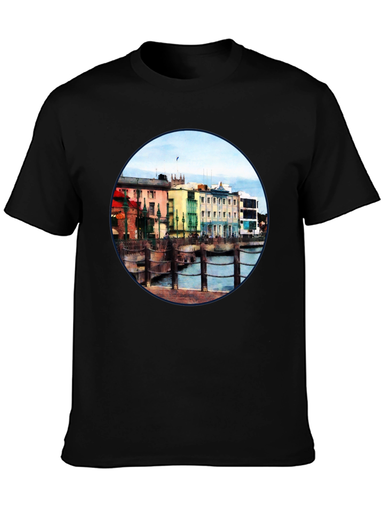 Scenic Waterfront Town Black T-Shirt