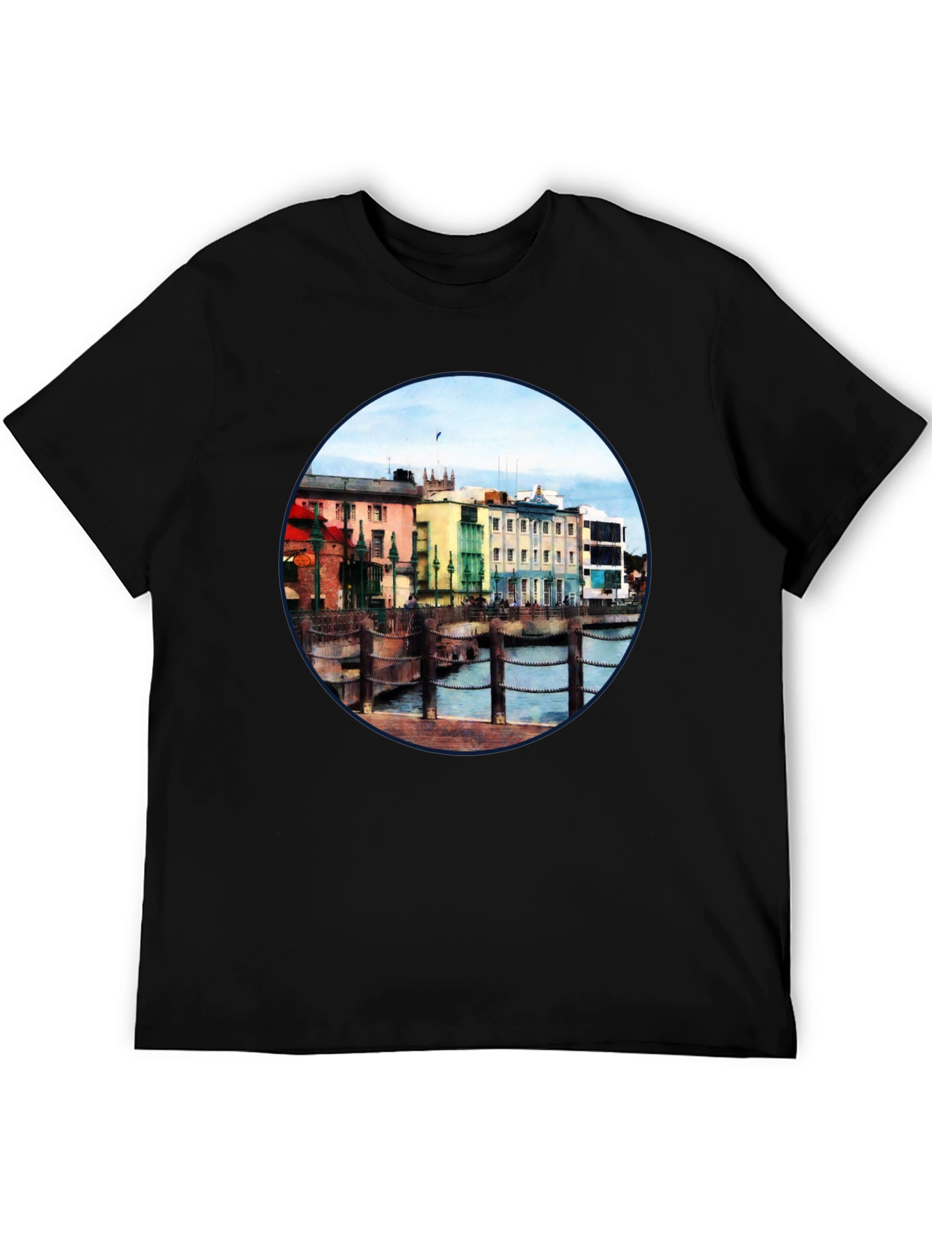 Scenic Waterfront Town Black T-Shirt
