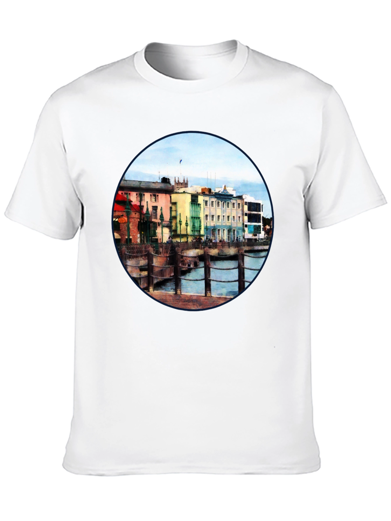 Scenic Waterfront Town Black T-Shirt
