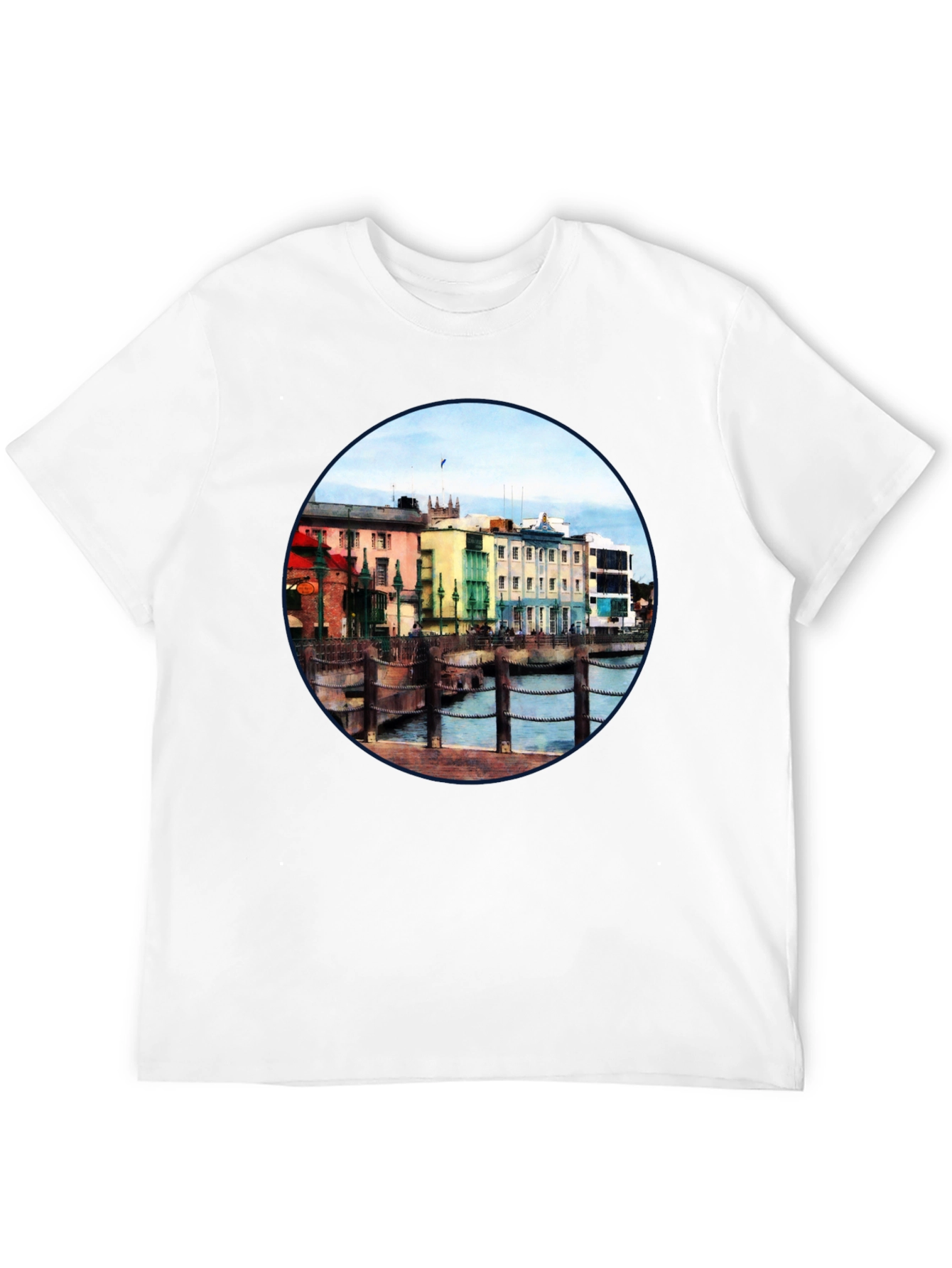 Scenic Waterfront Town Black T-Shirt