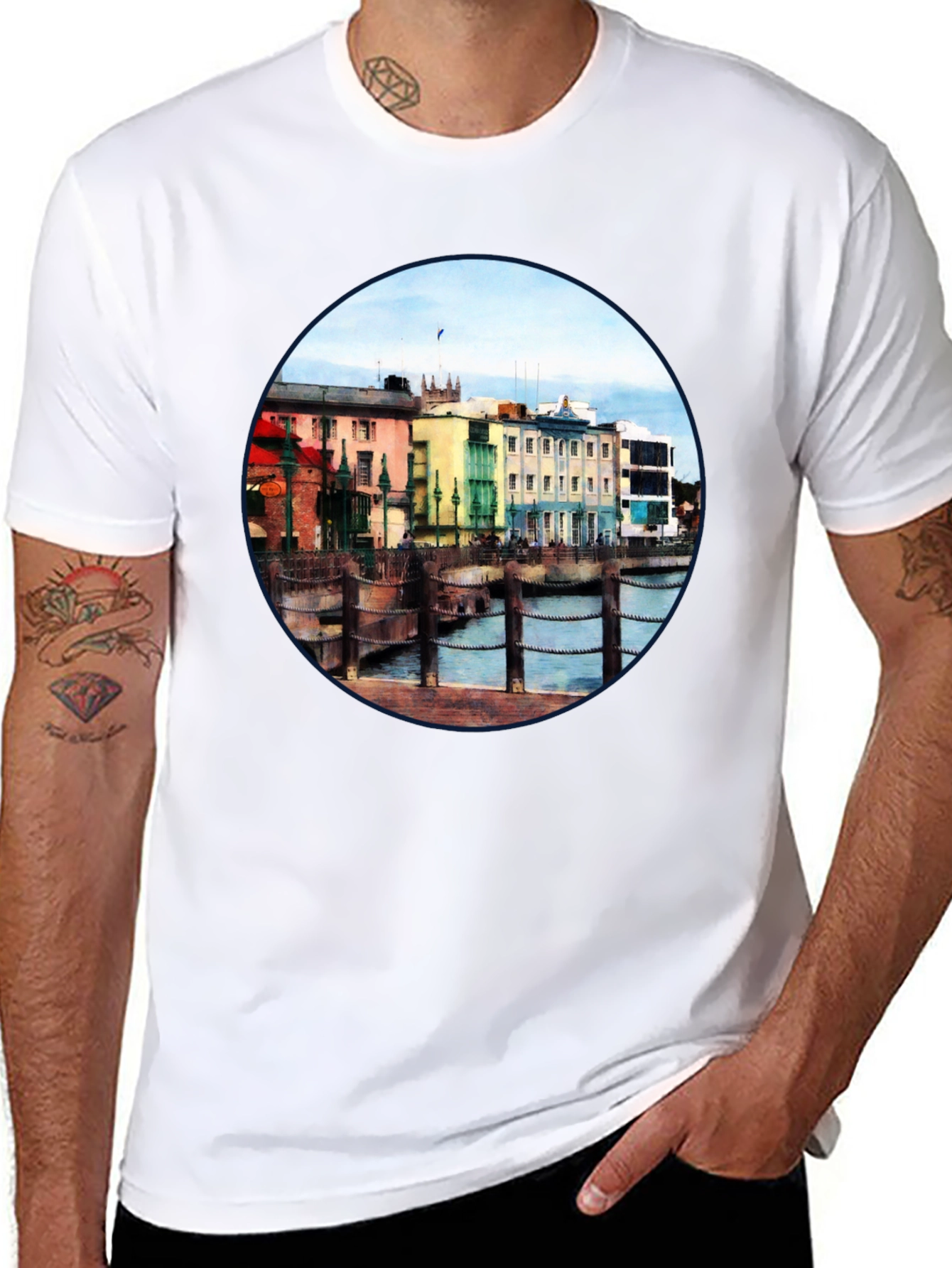 Scenic Waterfront Town Black T-Shirt