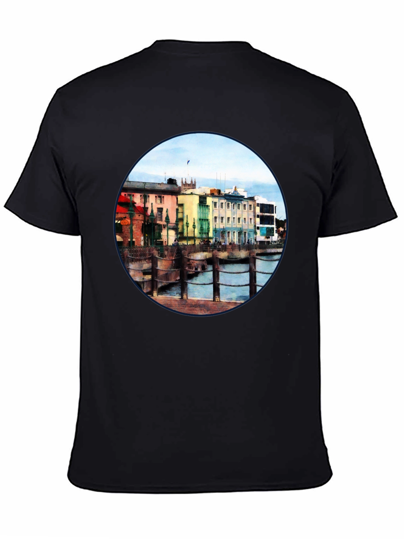 Scenic Waterfront Town Black T-Shirt
