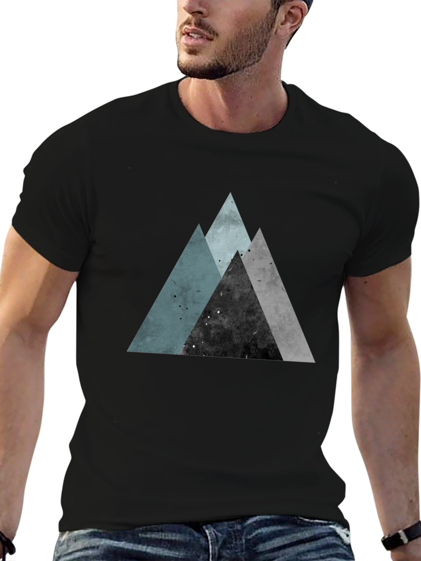 Geometric Mountain Print Black T-Shirt