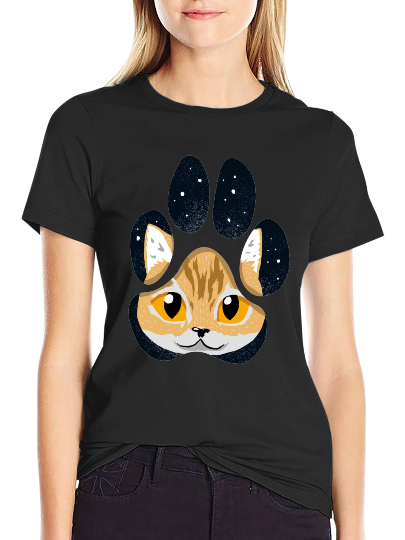 Cute Cat Paw Print T-Shirt - Black