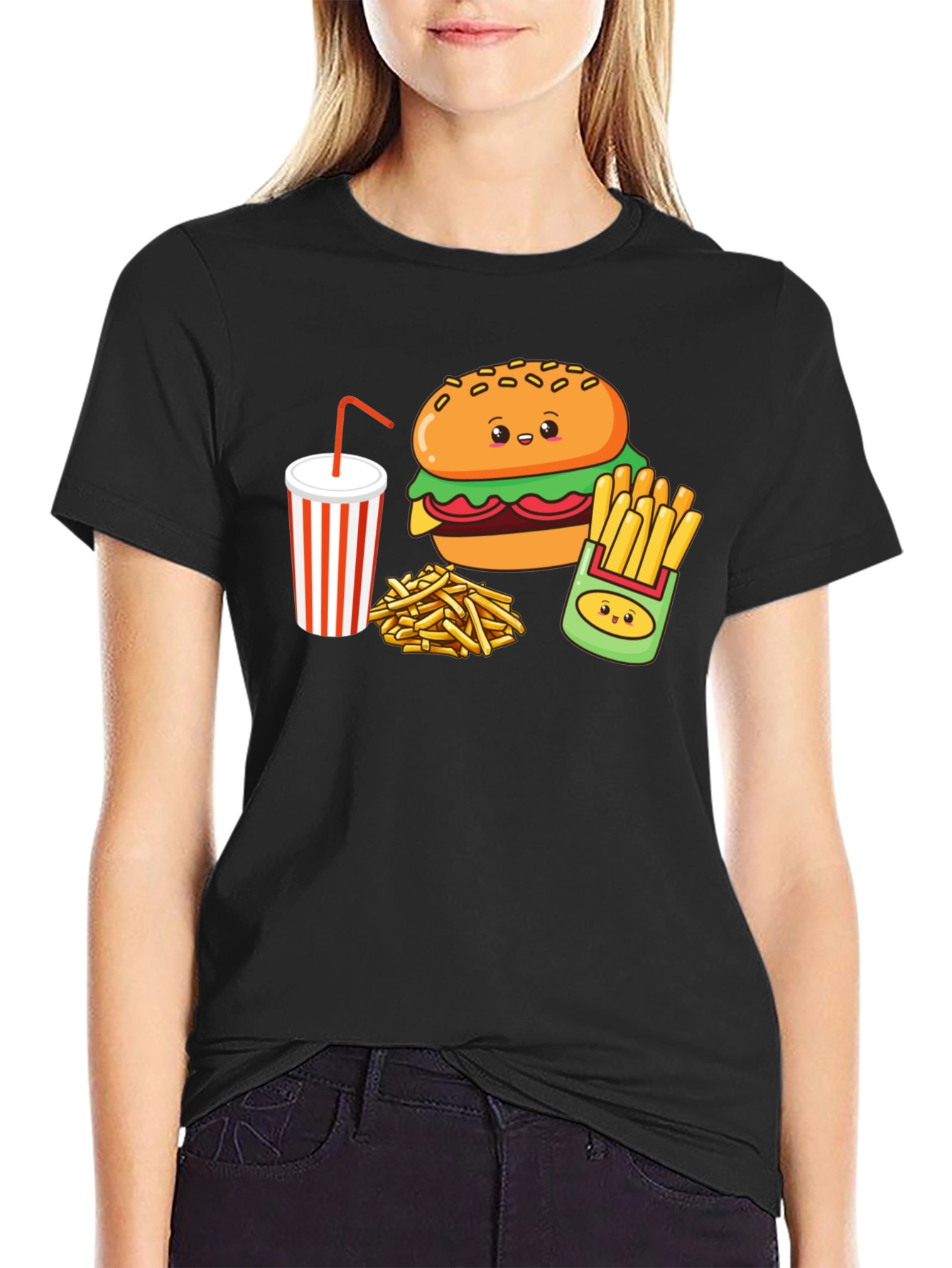 Cute Burger & Fries Black T-Shirt