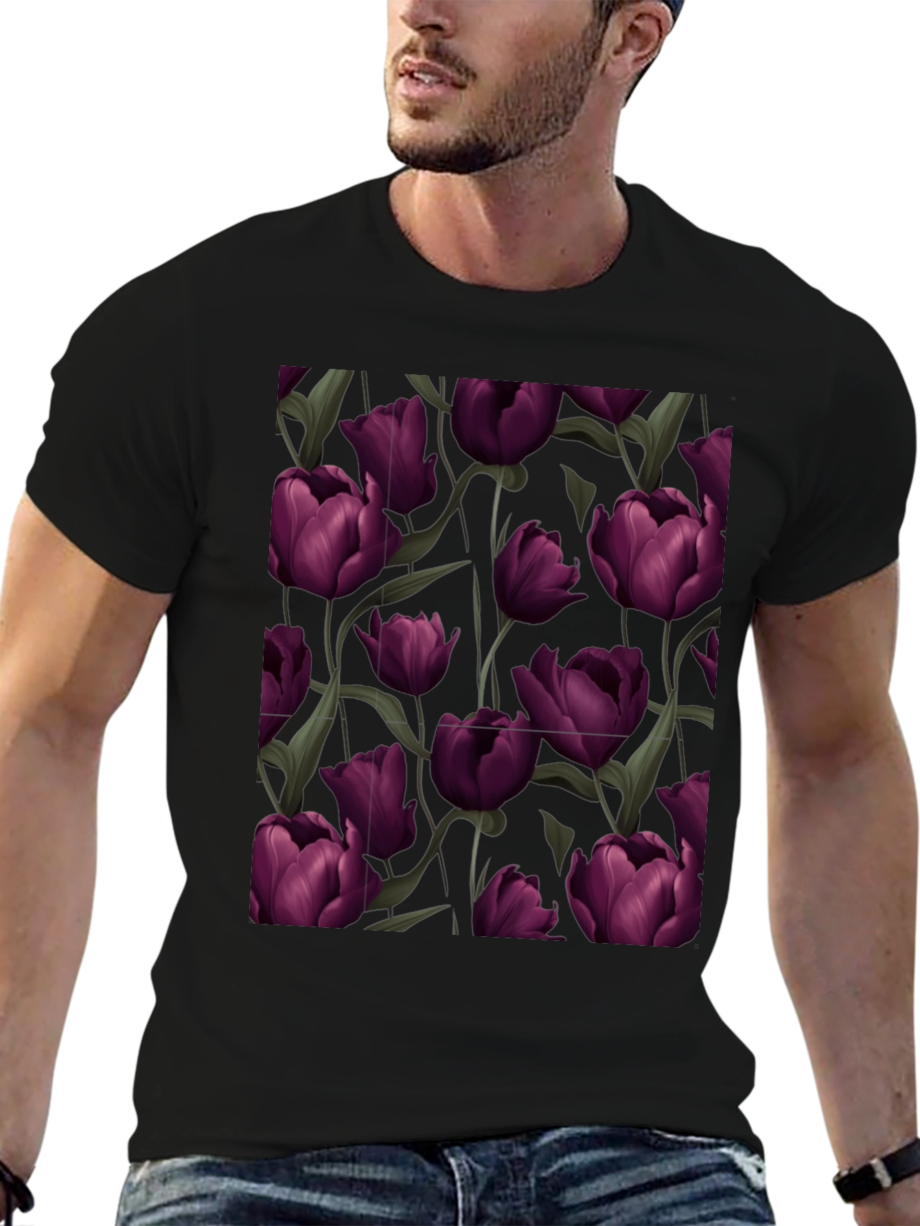 Floral Patterned Black T-Shirt