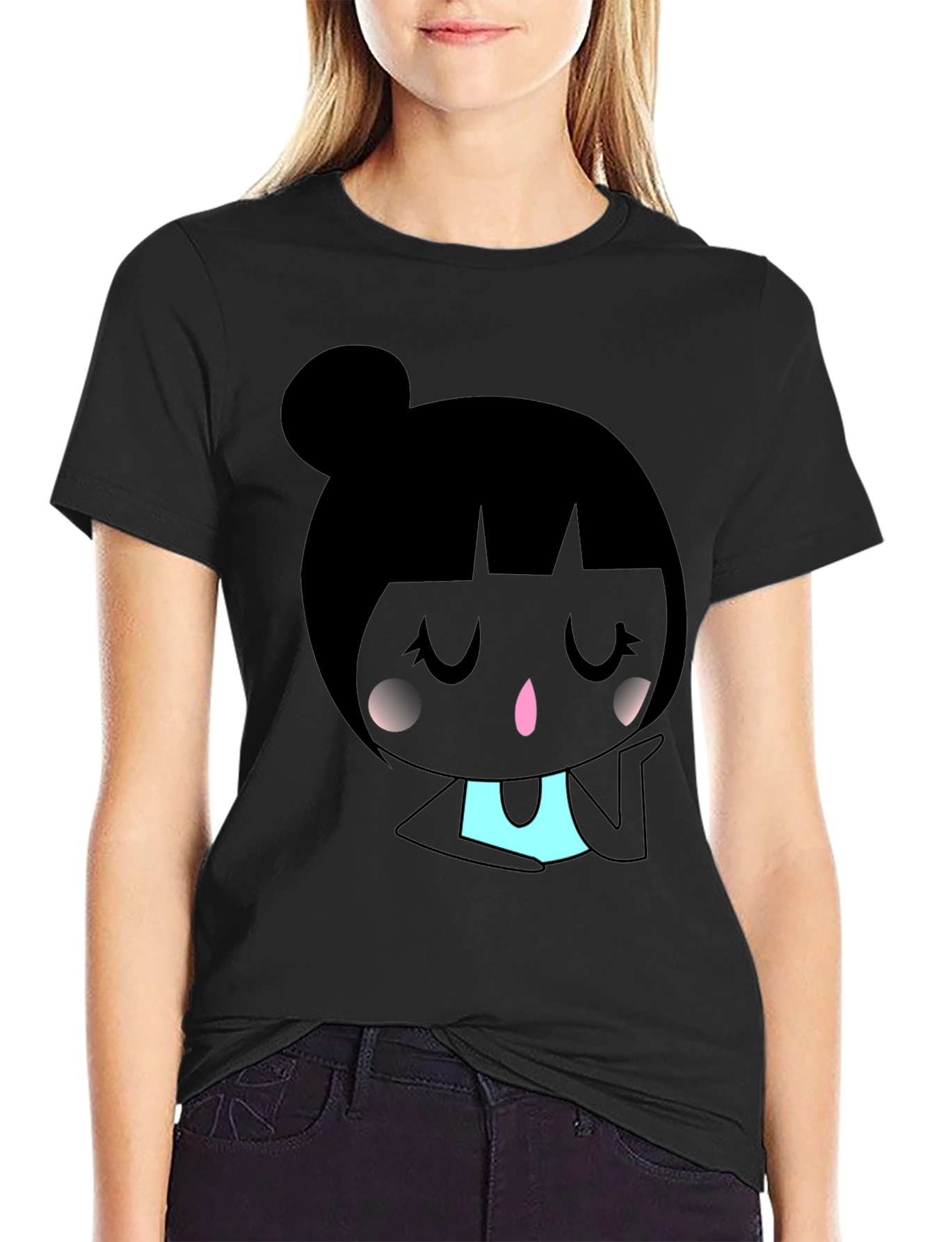 Kawaii Girl Graphic Tee - Black Cotton Blend