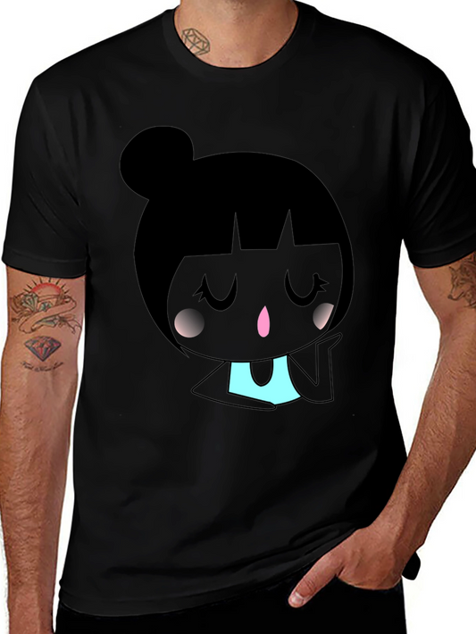 Kawaii Girl Graphic Tee - Black Cotton Blend