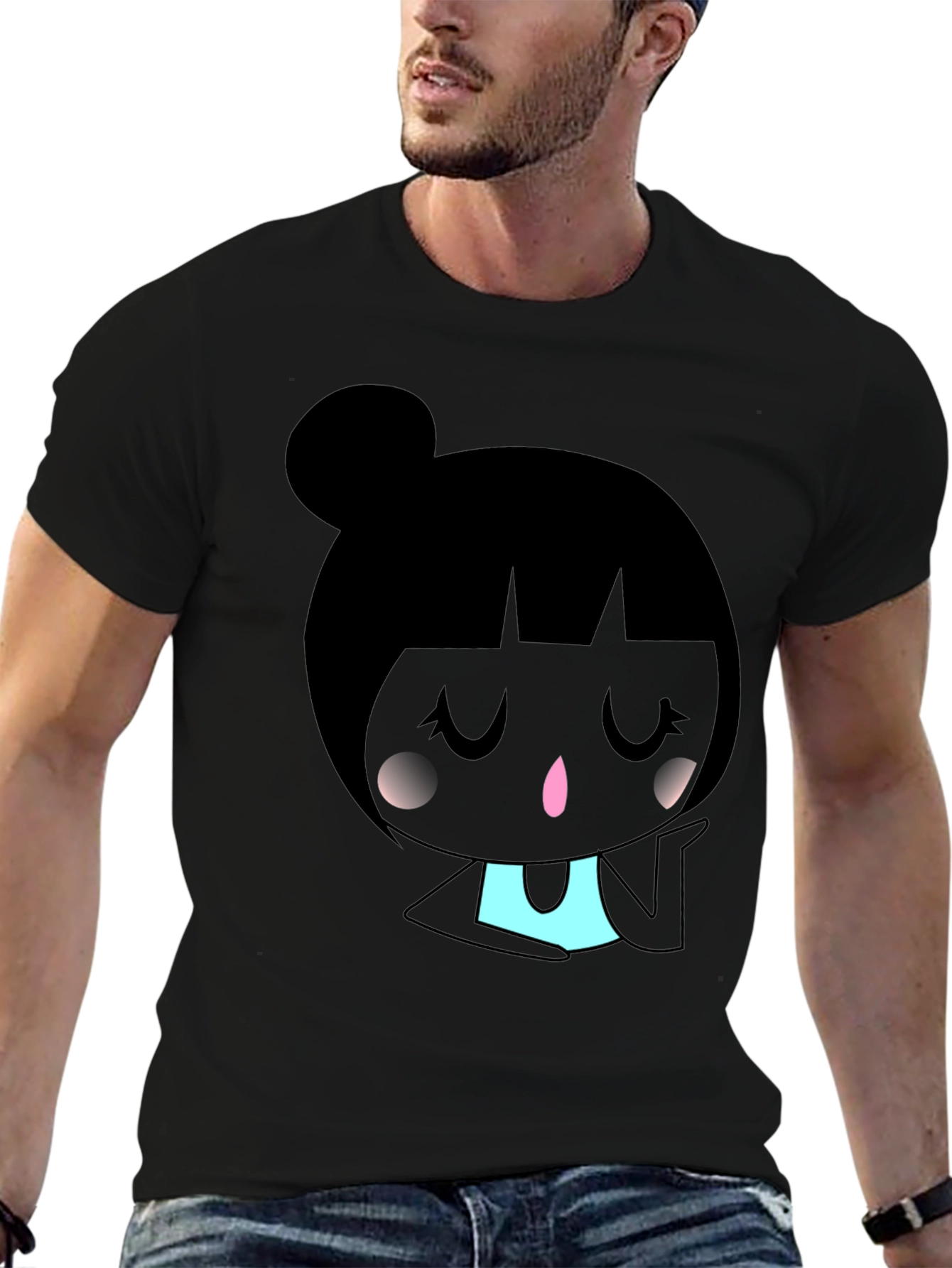 Kawaii Girl Graphic Tee - Black Cotton Blend