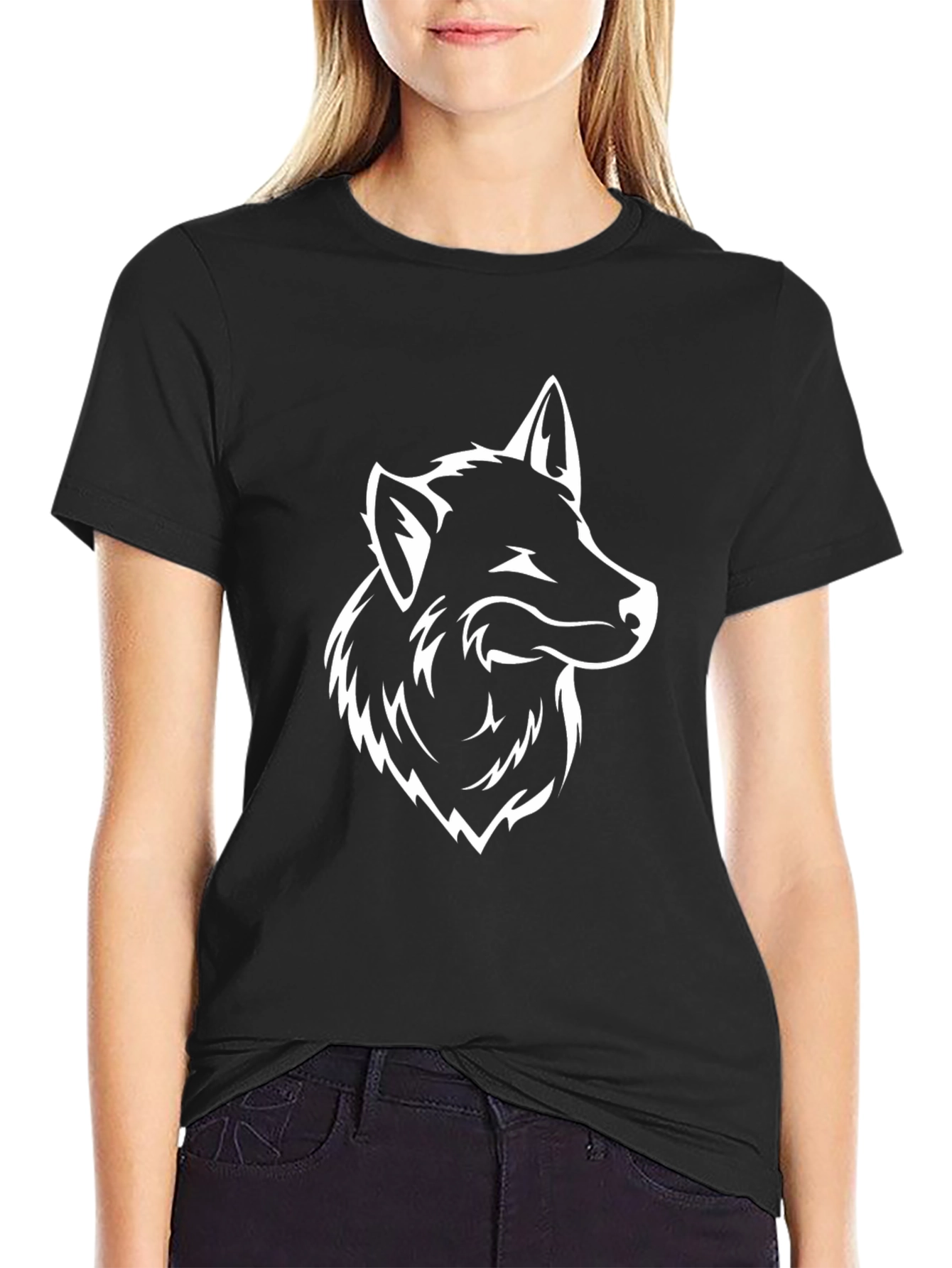 Black T-Shirt with Wolf Head Graphic