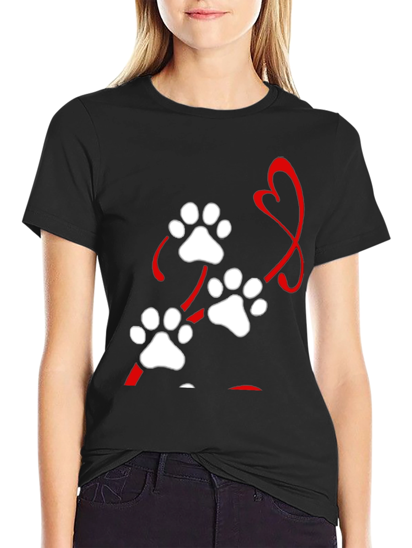 Paw Print Heart Black T-Shirt