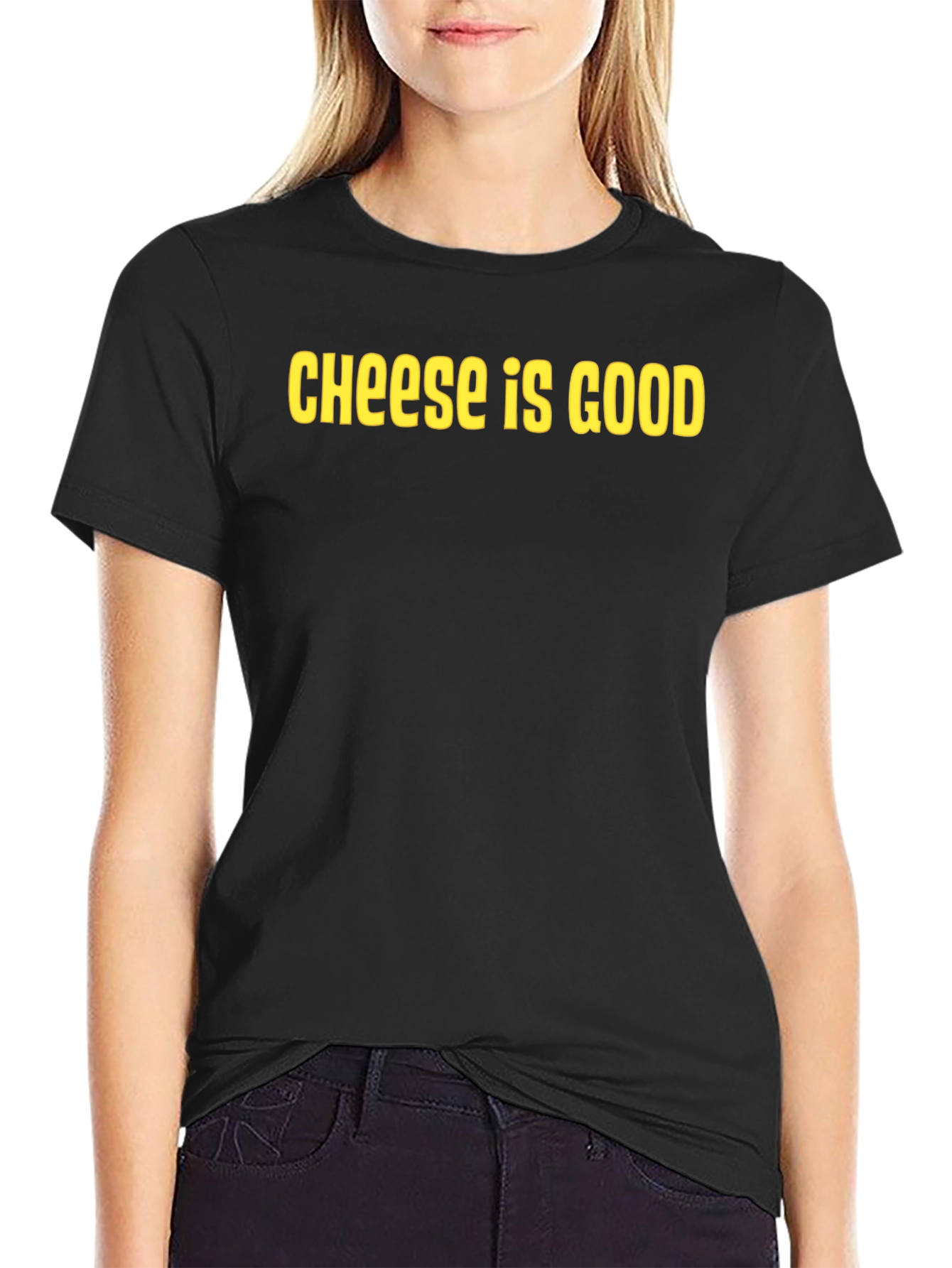 Cheese Is Good Black Crew Neck T-Shirt