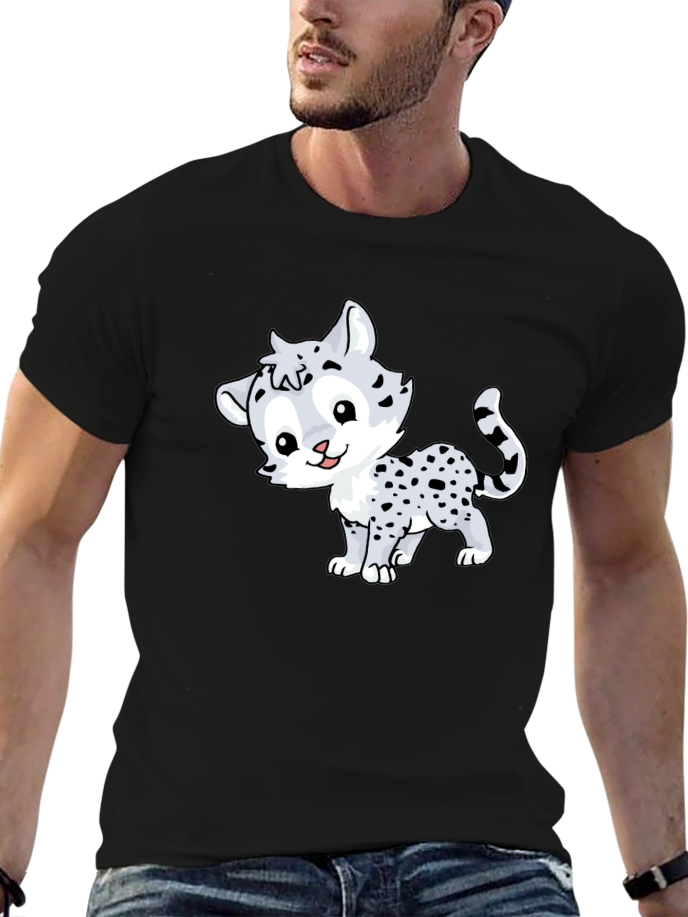 Cute Cartoon Leopard Graphic Tee - Black