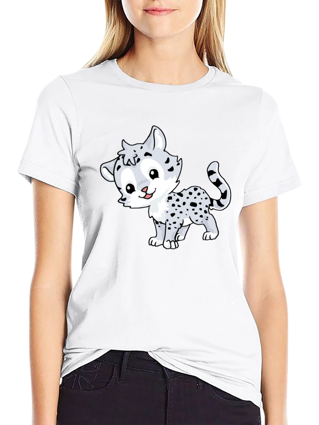 Cute Cartoon Leopard Graphic Tee - Black