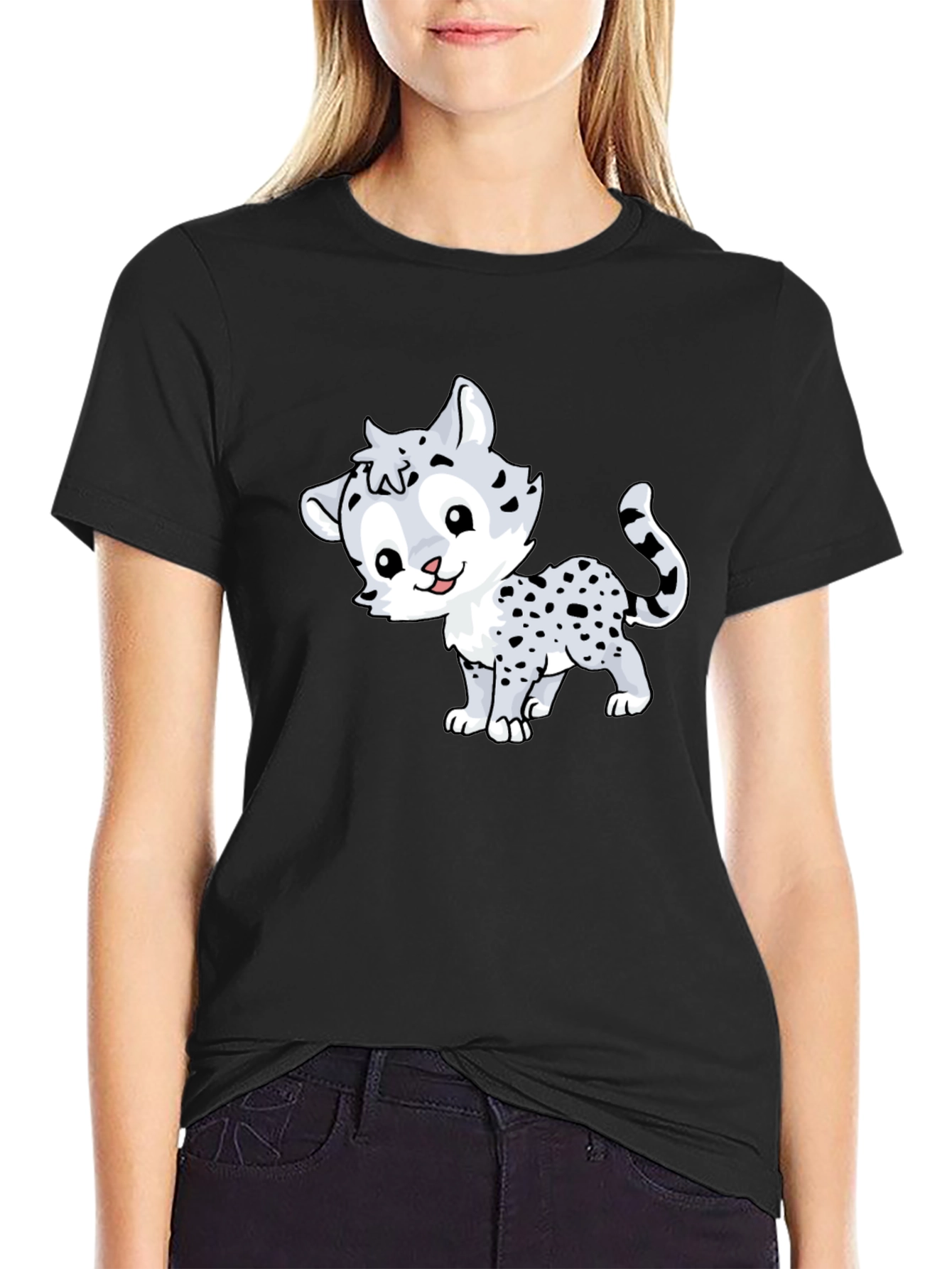 Cute Cartoon Leopard Graphic Tee - Black