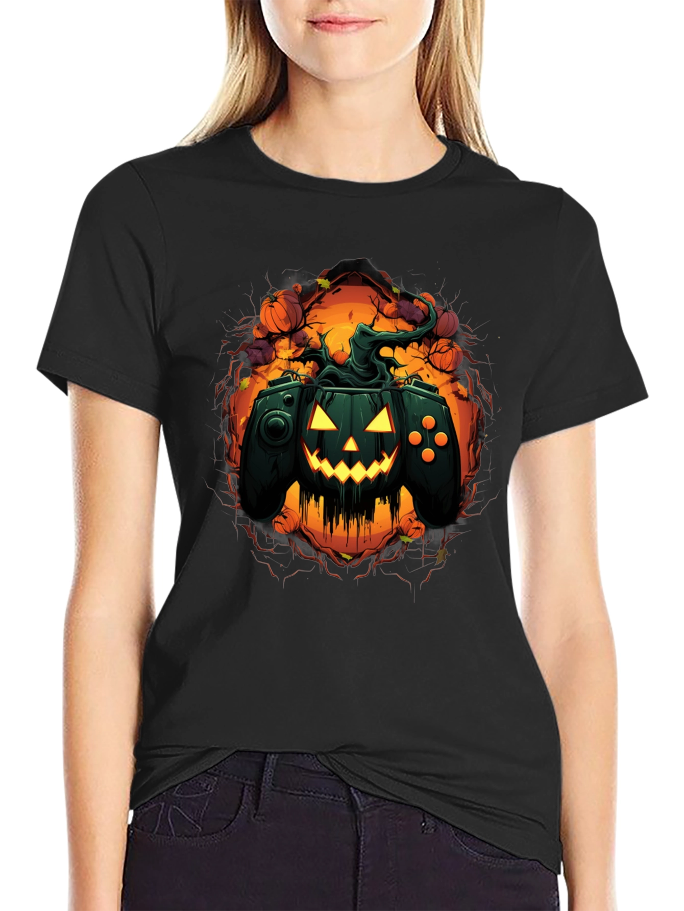Halloween Gamer Pumpkin Black T-Shirt
