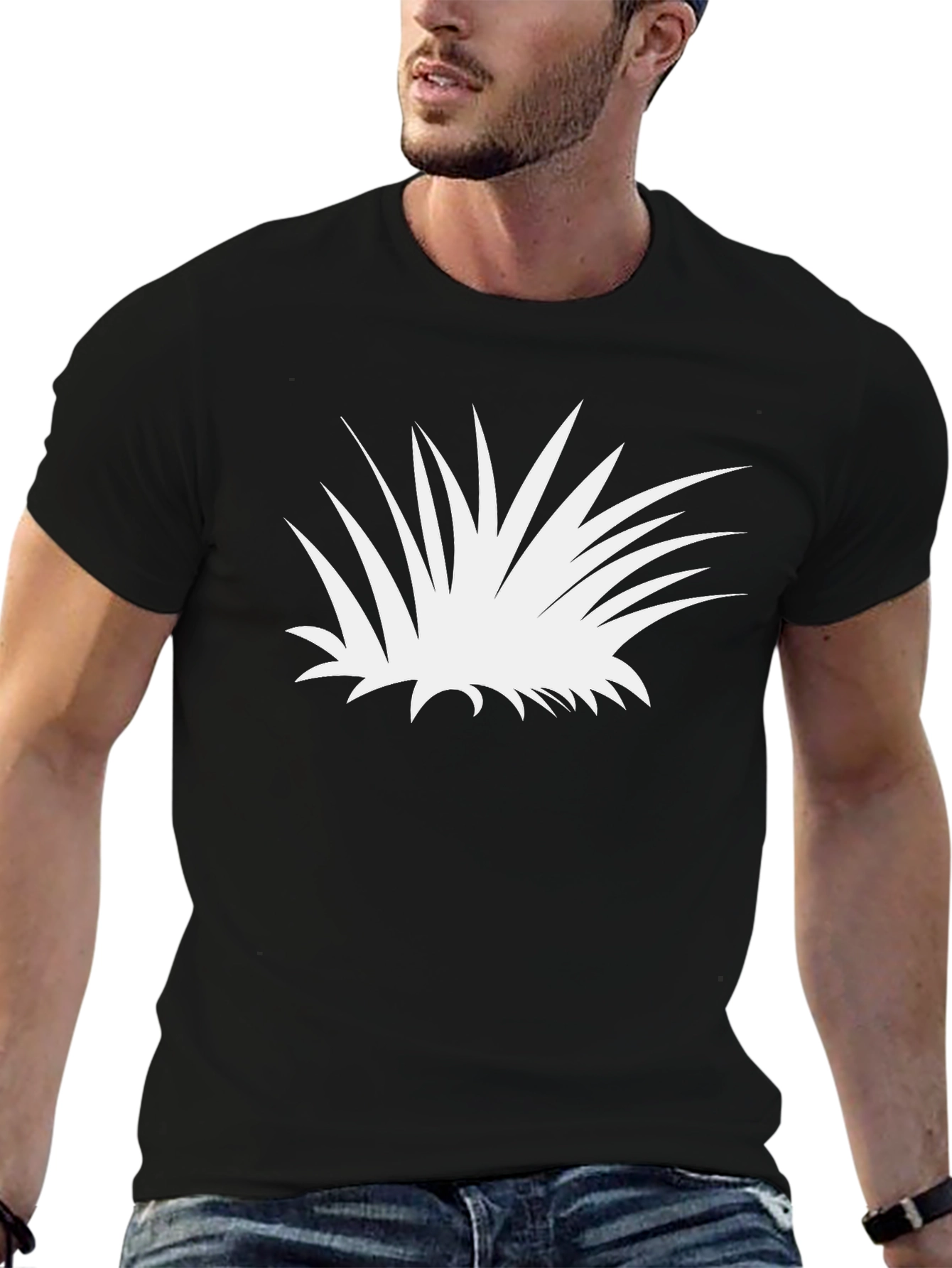 Abstract White Plant Graphic Tee - Black Cotton Shirt