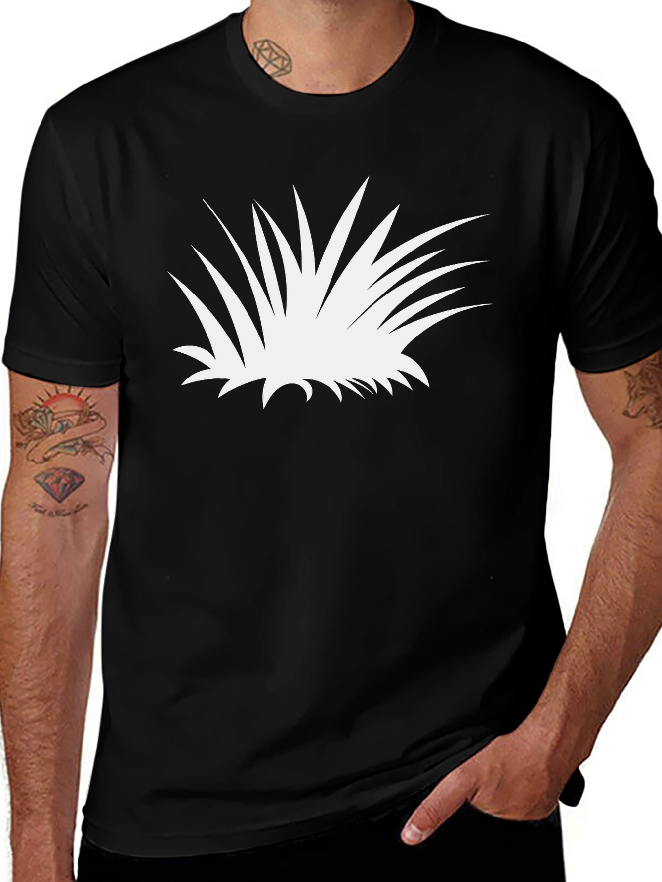 Abstract White Plant Graphic Tee - Black Cotton Shirt