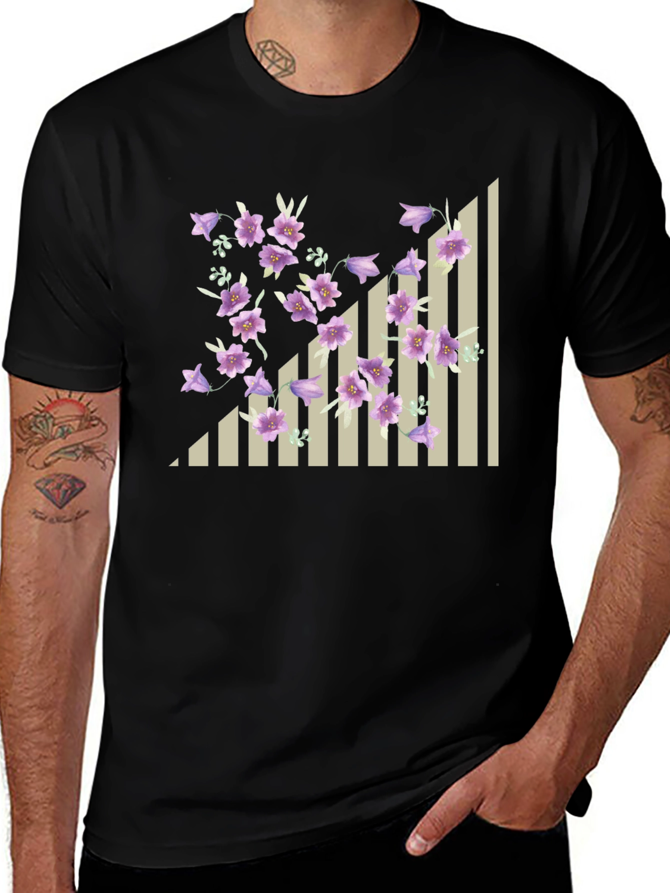 Floral & Stripes Black T-Shirt